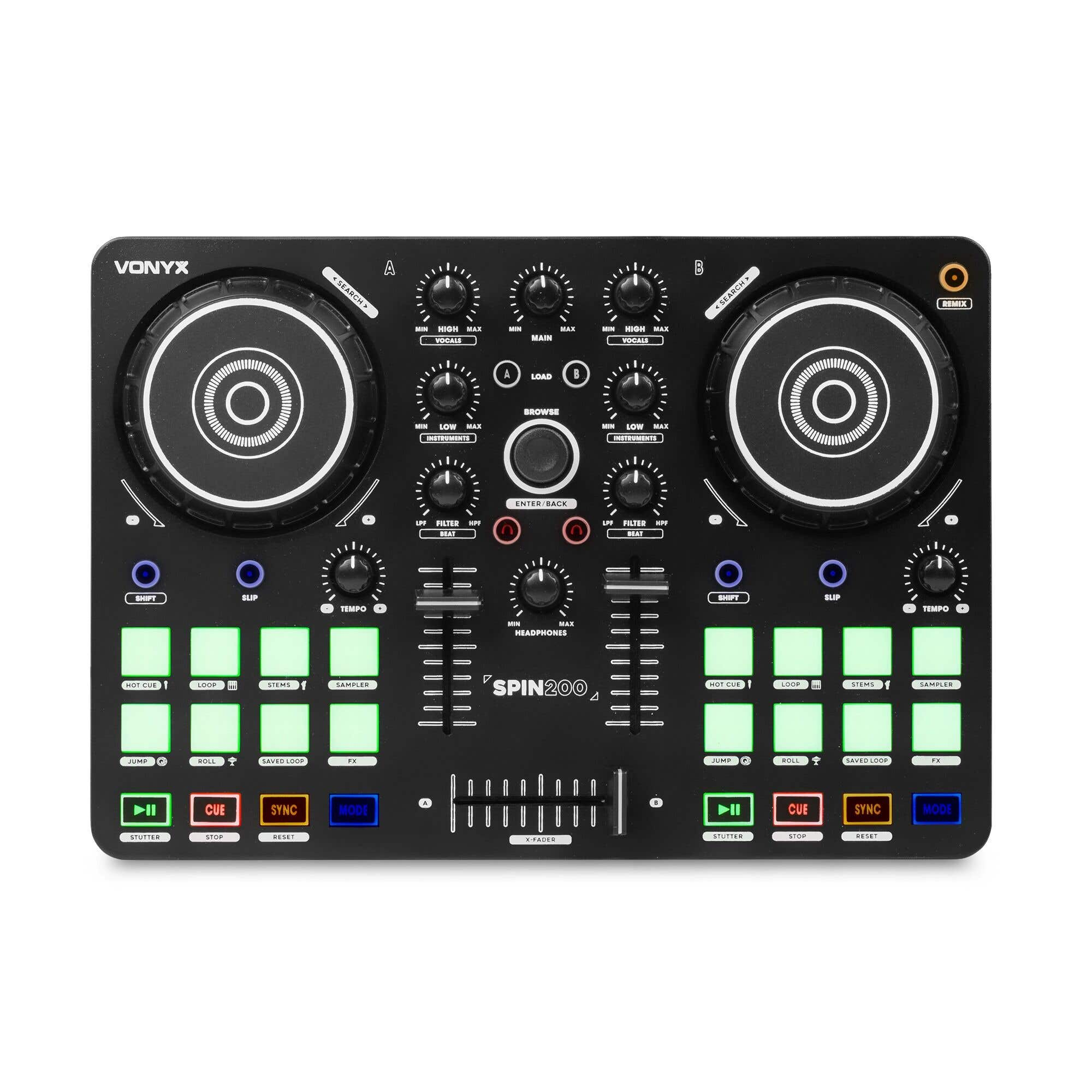 Ein schwarzer Vonyx SPIN200 DJ-Controller mit zwei Jogwheels, vielen Knöpfen und grün leuchtenden Pads.