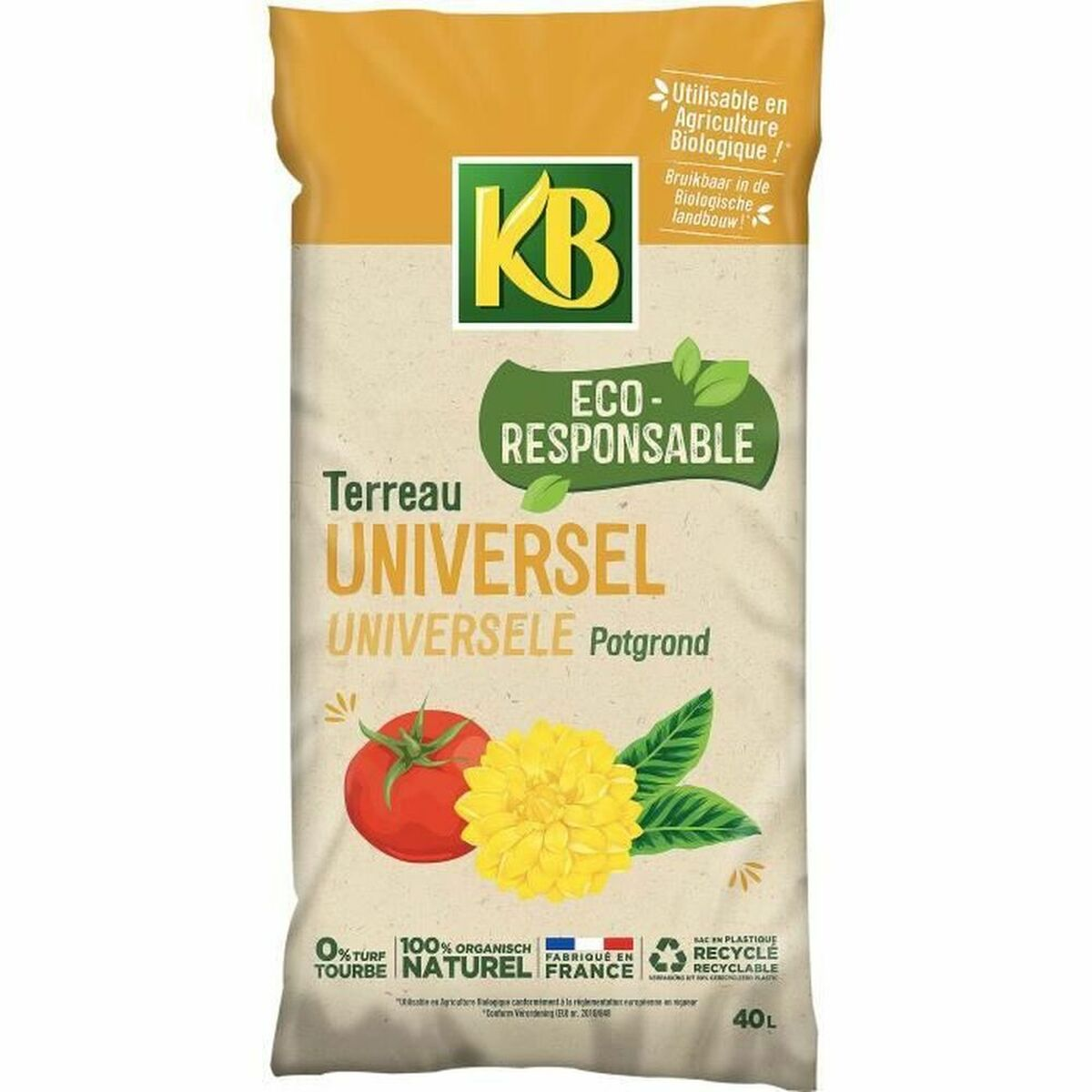 KB Universal-Pflanzenerde in einer 40L-Beige-Tüte mit roter Tomate, gelber Blume und grünen Blättern.