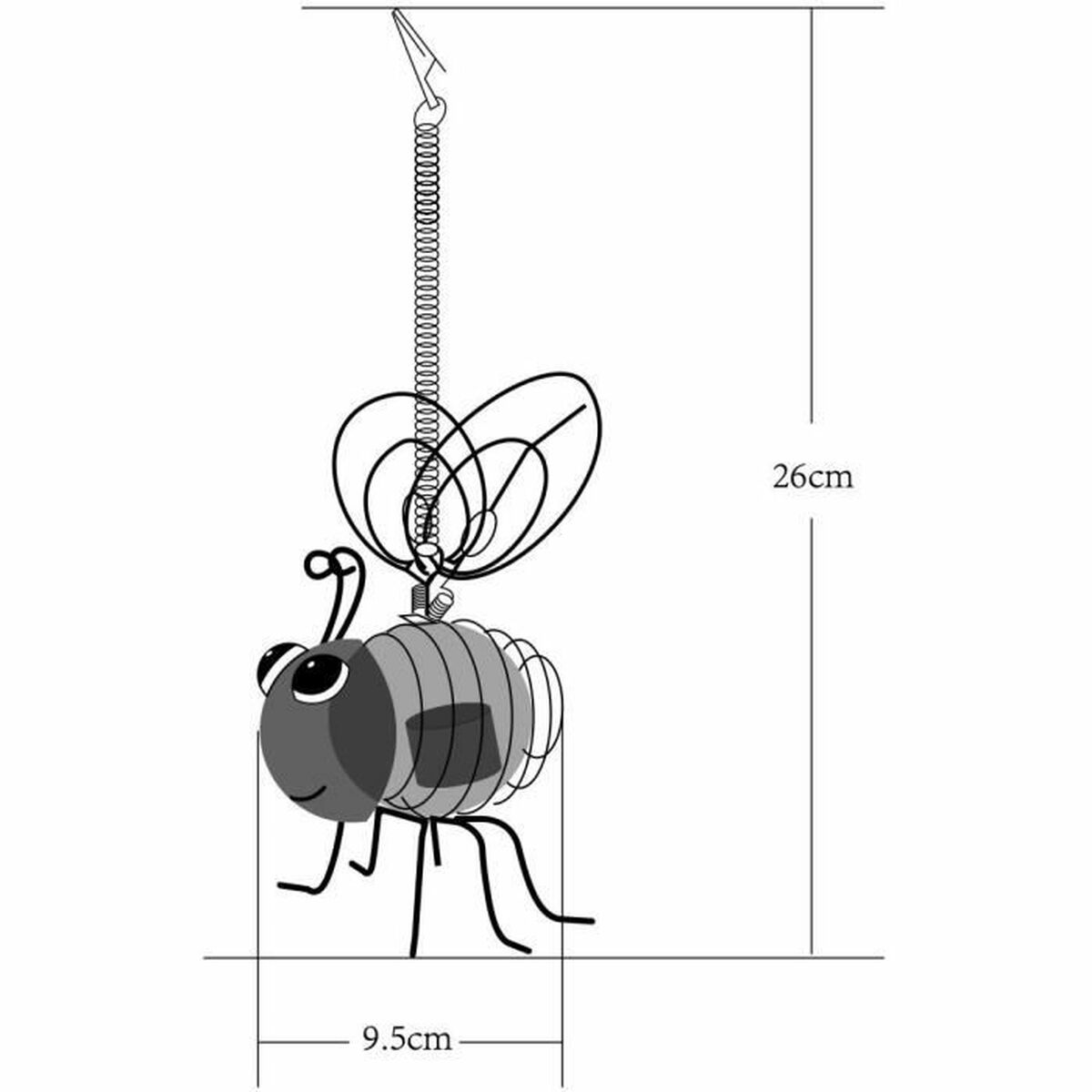 Technische Zeichnung einer hängenden Insektenfigur mit Maßen von 26cm Höhe und 9.5cm Breite.