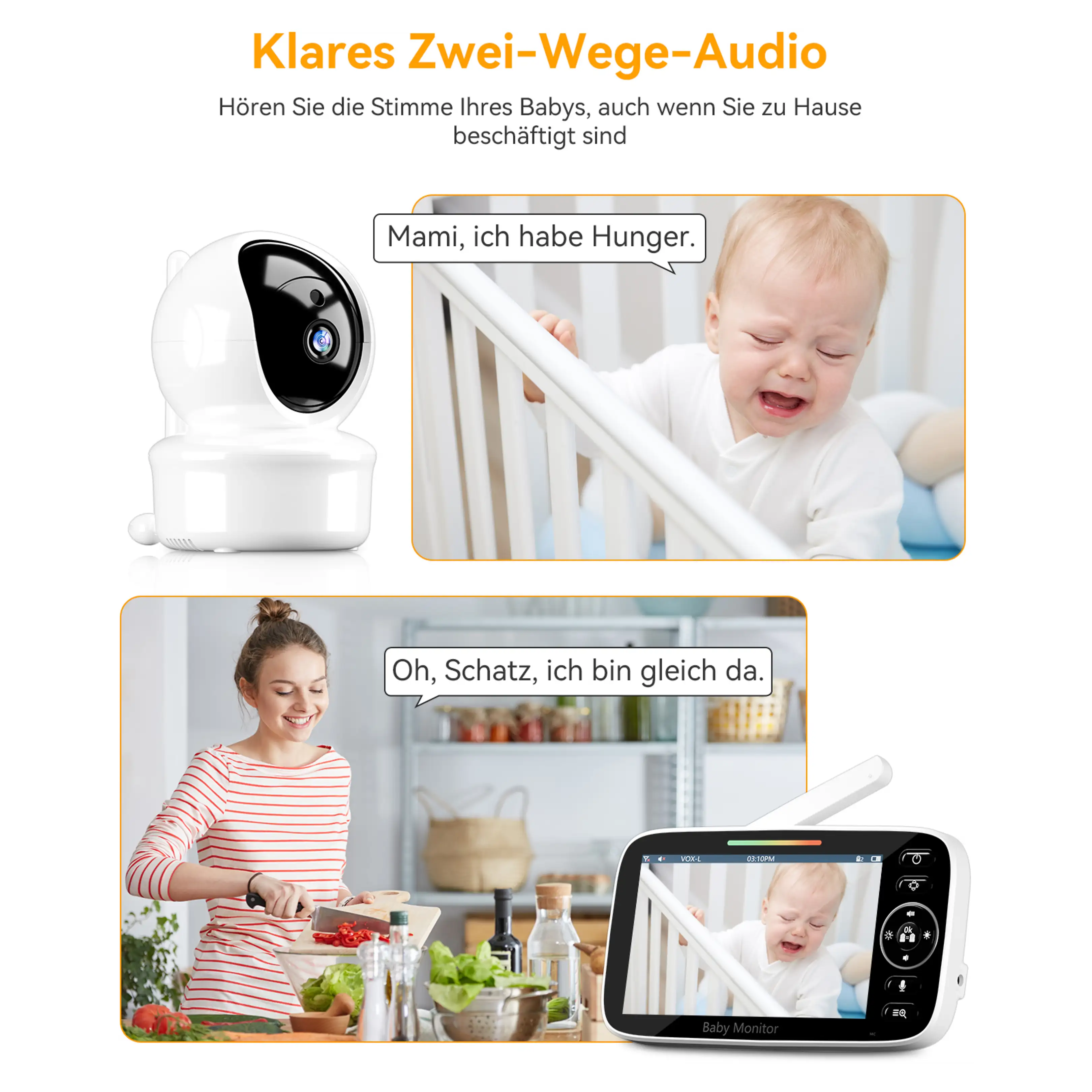 Un baby monitor mostra un bambino che piange nel letto mentre la madre cucina e comunica con l'audio.
