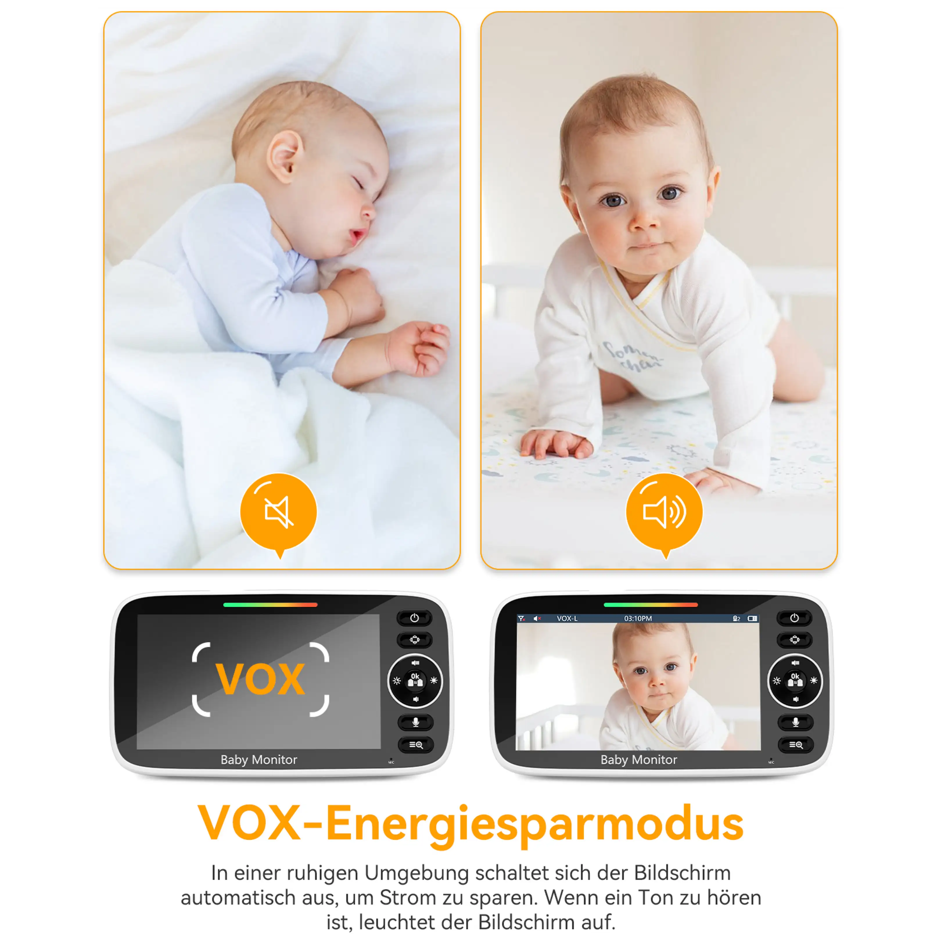 Un baby monitor mostra la modalità di risparmio energetico VOX con un bambino che dorme e uno sveglio.