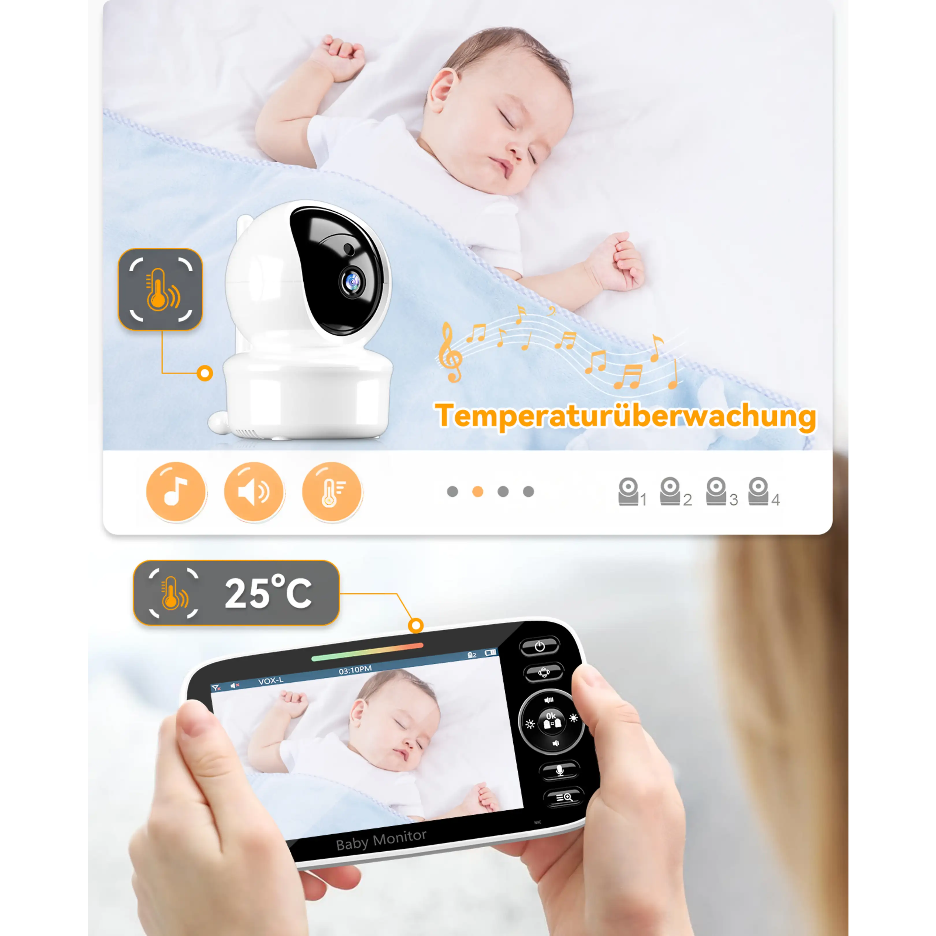 Una telecamera per neonati con display della temperatura e un'unità genitore che mostra un bimbo.