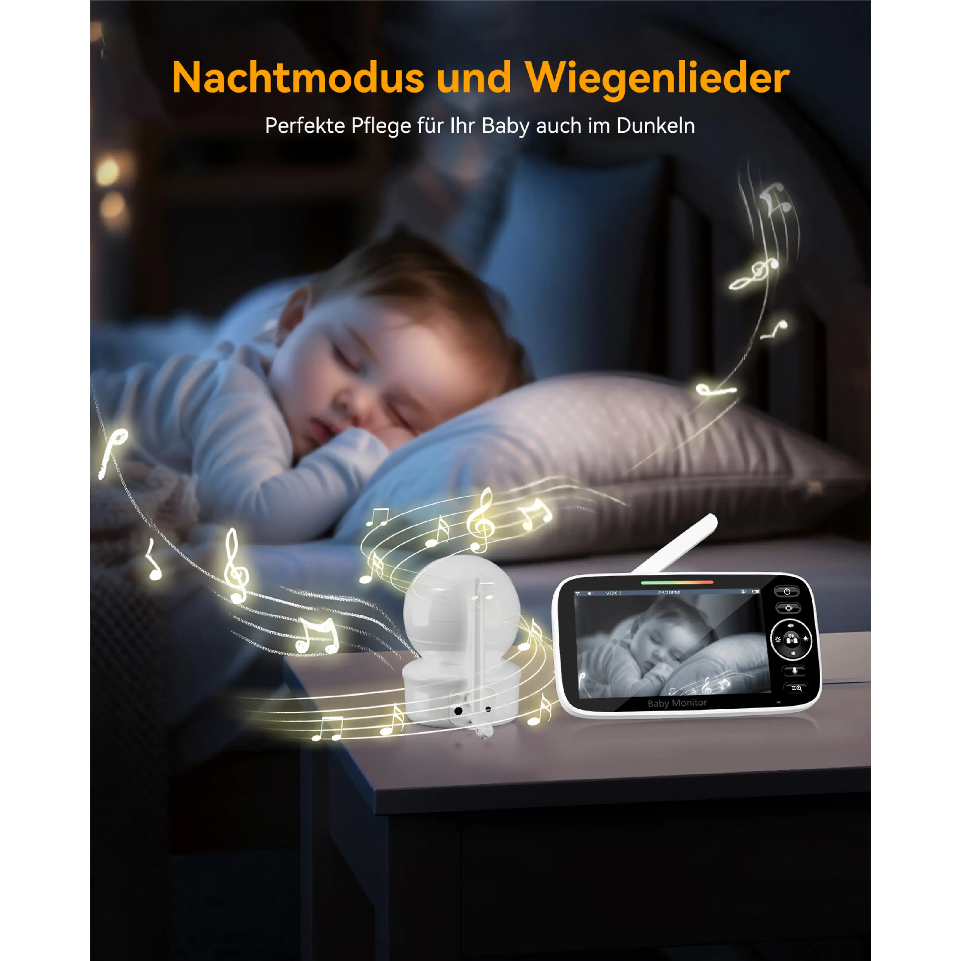 Un baby monitor con telecamera e schermo su un comodino, che mostra un bambino che dorme con note musicali.