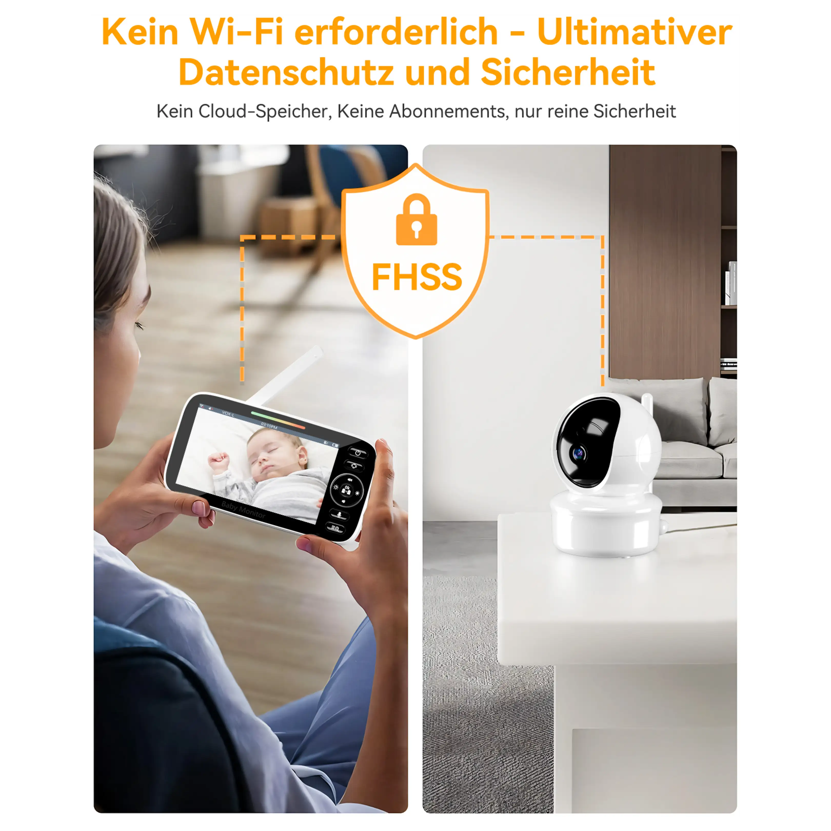 Sicuro baby monitor FHSS senza Wi-Fi mostra un bambino che dorme sul monitor e la telecamera sul tavolo.