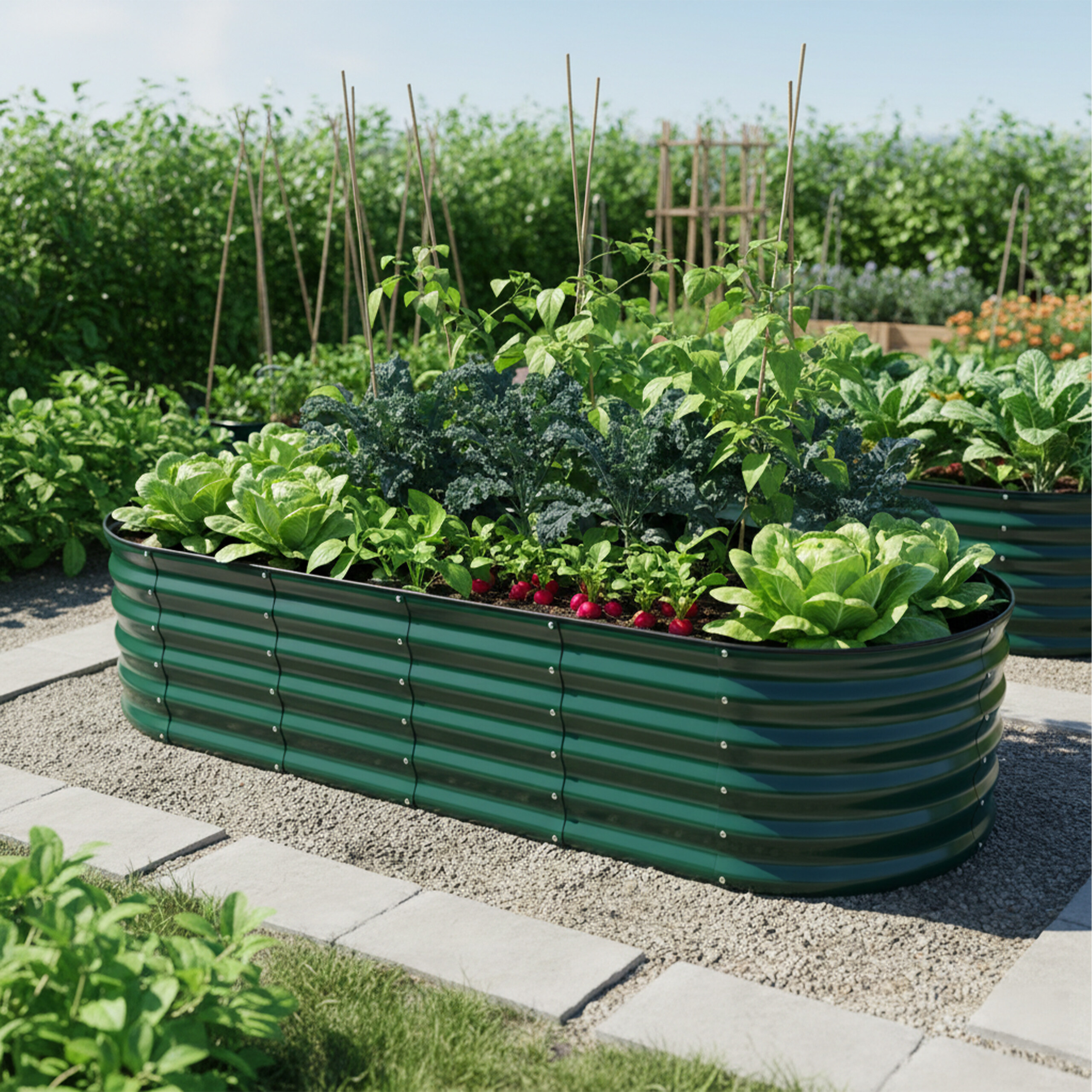 Ein grünes Hochbeet mit verschiedenem Gemüse wie Salat, Grünkohl und Radieschen in einem sonnigen Garten.