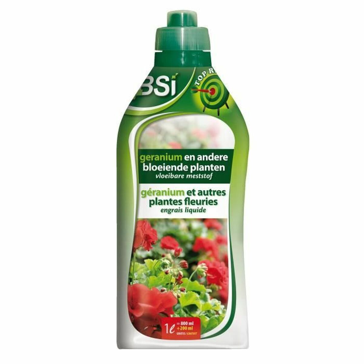Eine grüne Flasche flüssiger Dünger für Geranien und blühende Pflanzen mit rotem Etikett.