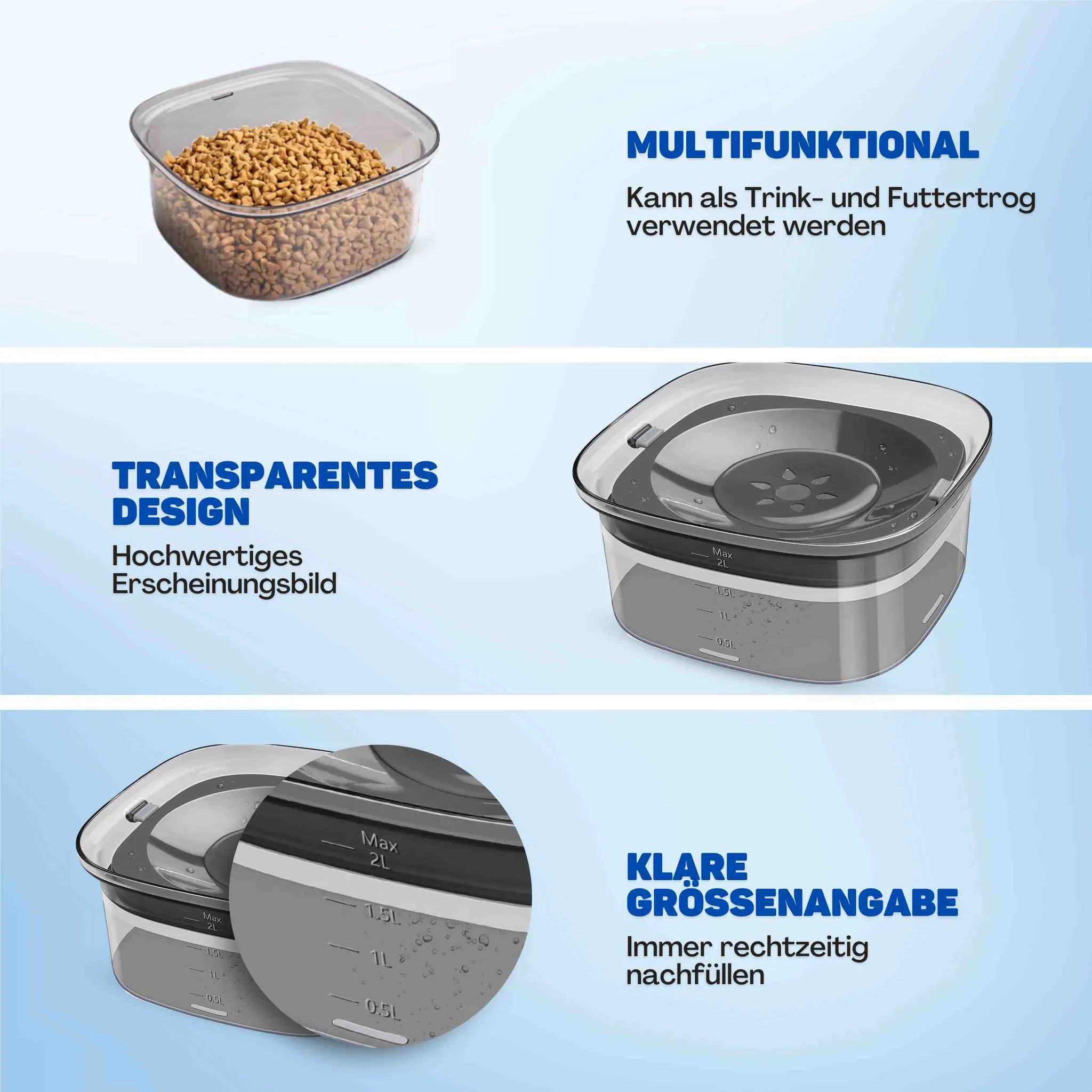 Multifunktionaler Haustiernapf mit transparentem Design und klaren Füllstandsanzeigen für Wasser und Futter.