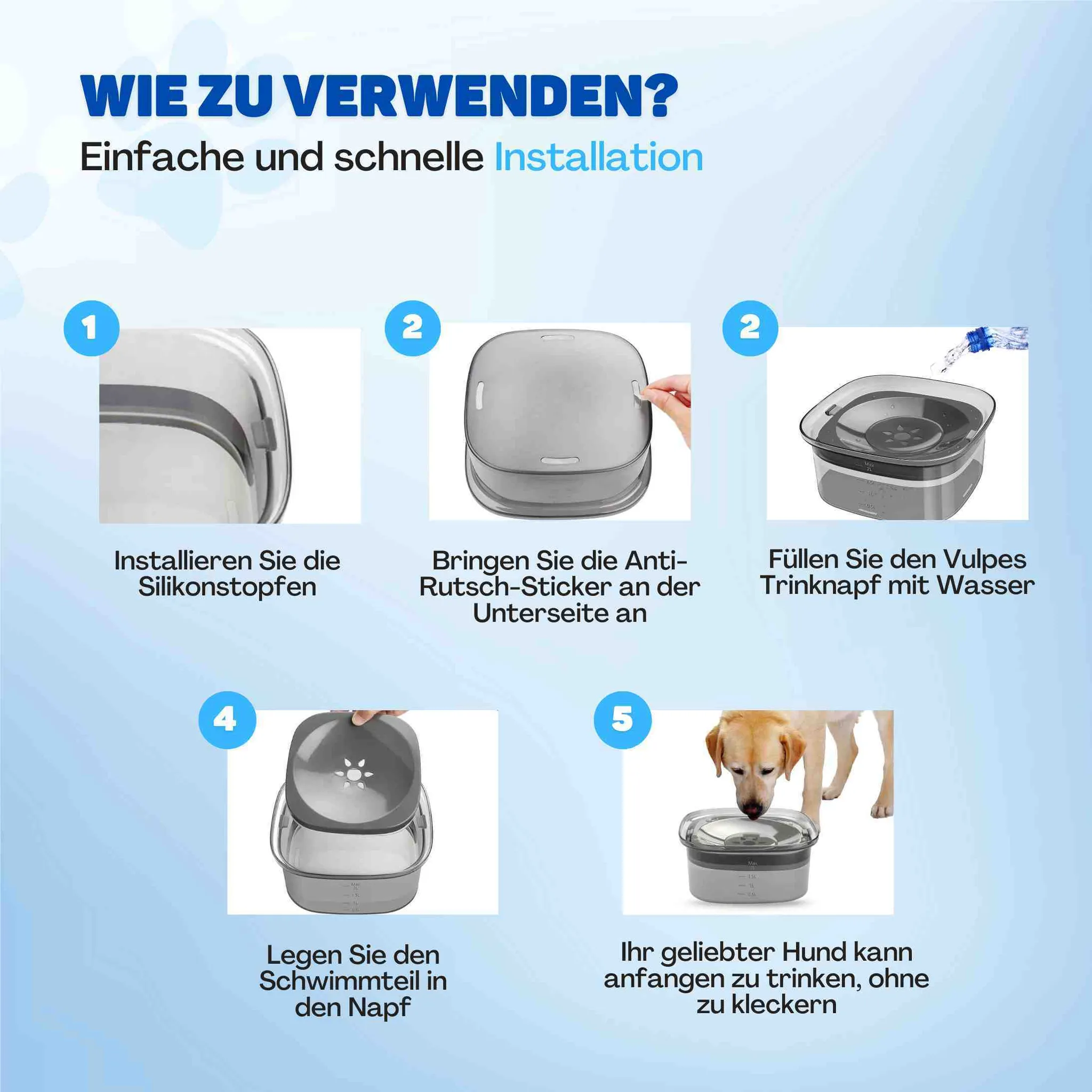 Anleitung in 5 Schritten zur Installation und Nutzung des tropffreien Hundenapfs auf hellblauem Hintergrund.
