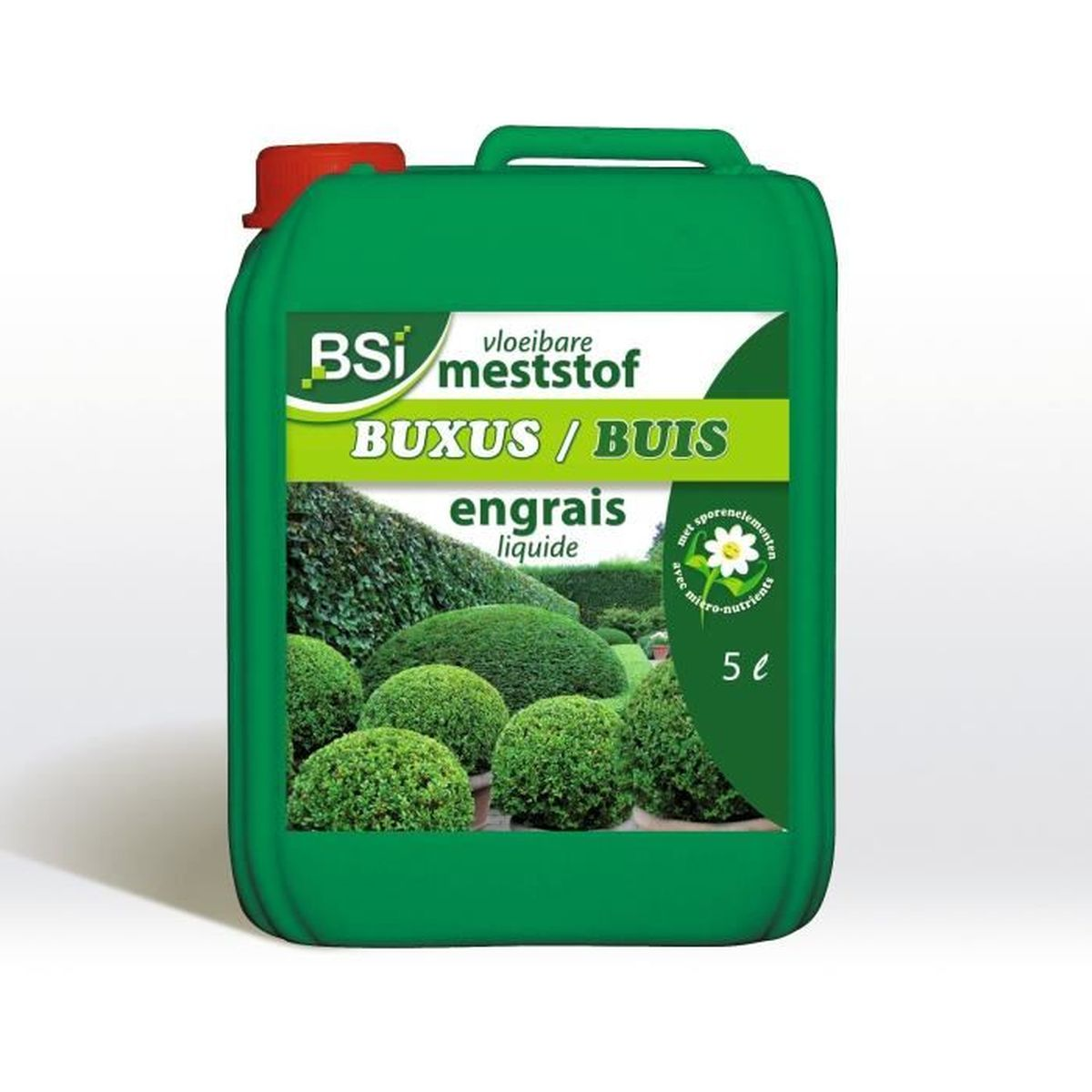 Ein grüner Fünf-Liter-Kanister Flüssigdünger für Buchsbäume mit rotem Verschluss.