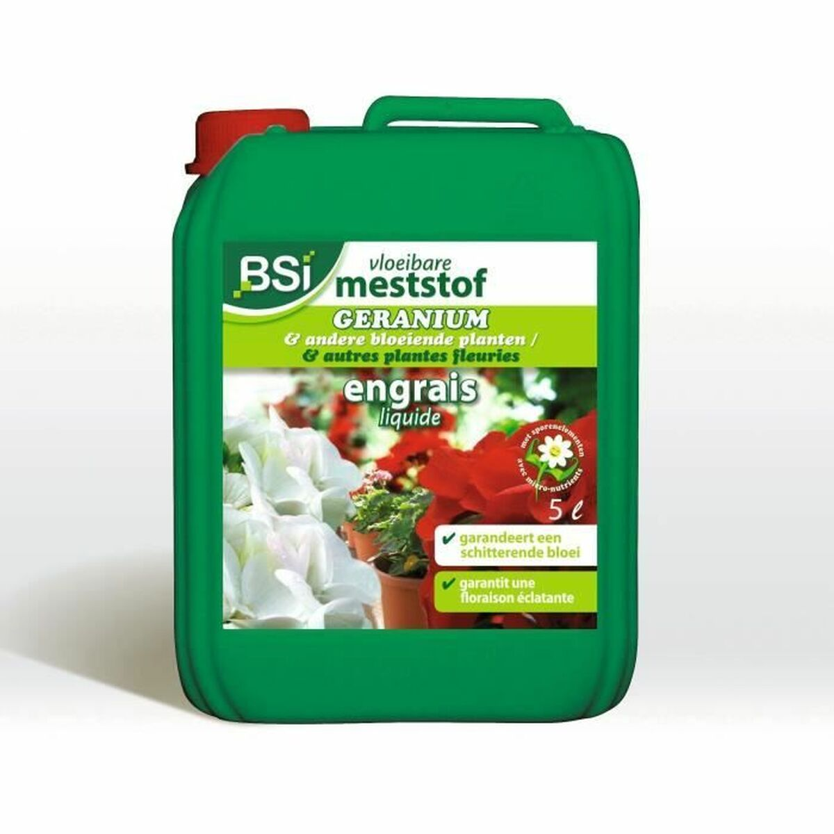 Grüner 5-Liter-Kanister BSi Flüssigdünger für Geranien mit weiß-rotem Etikett.