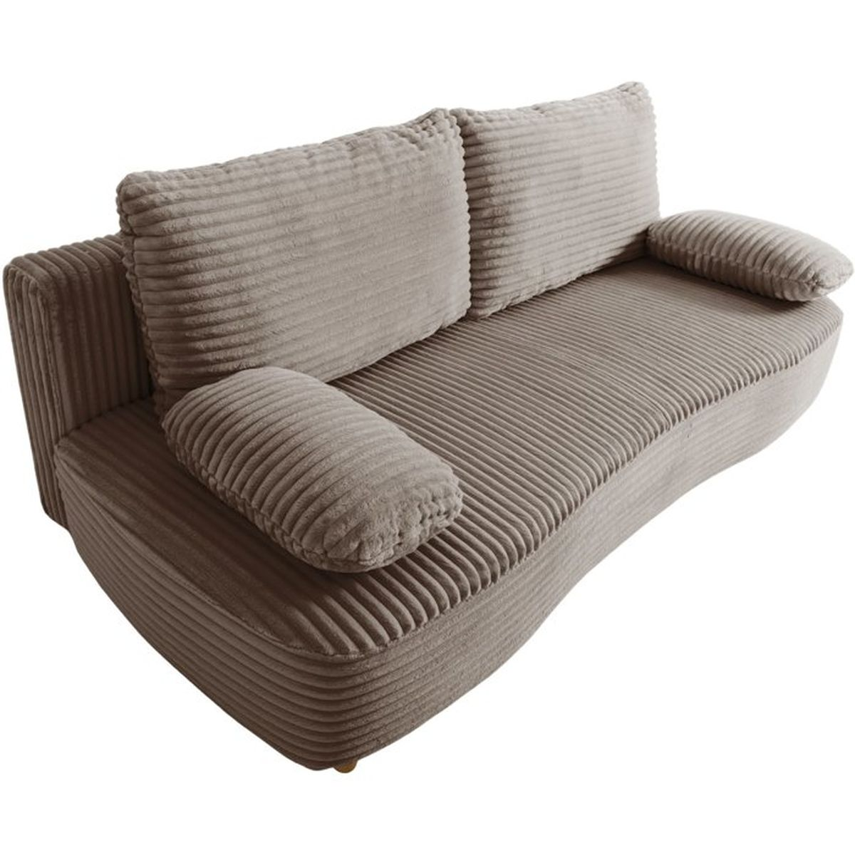 Ein beiges Cordsofa mit zwei großen Rückenkissen und zwei passenden Zierkissen aus der Vogelperspektive.