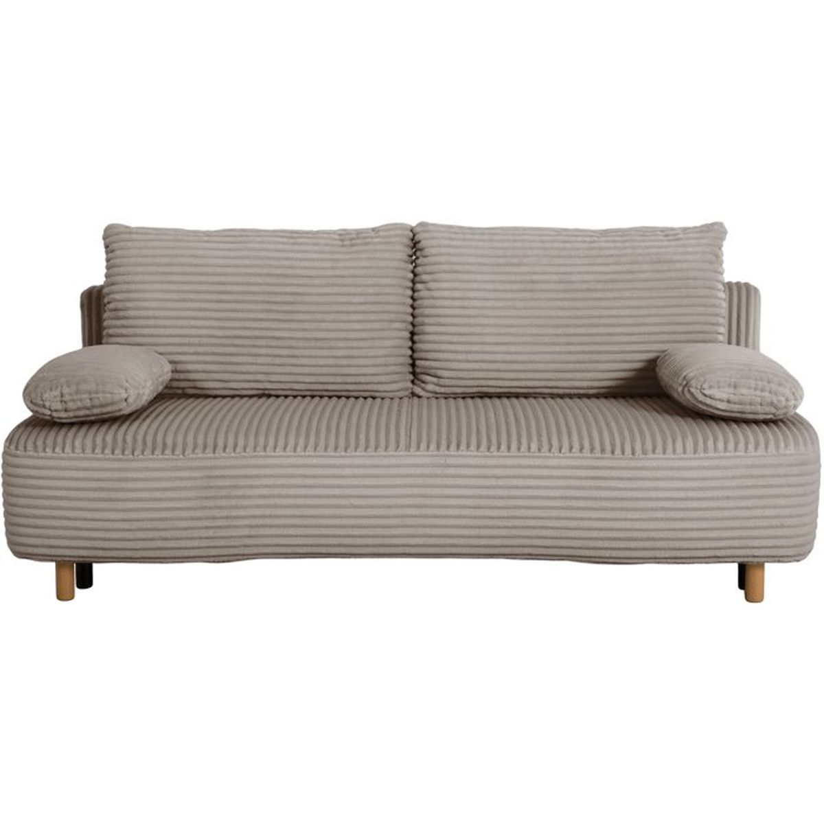 Beiges Cordsofa mit zwei großen Rückenkissen, zwei kleinen Armkissen und Holzbeinen vor weißem Hintergrund.