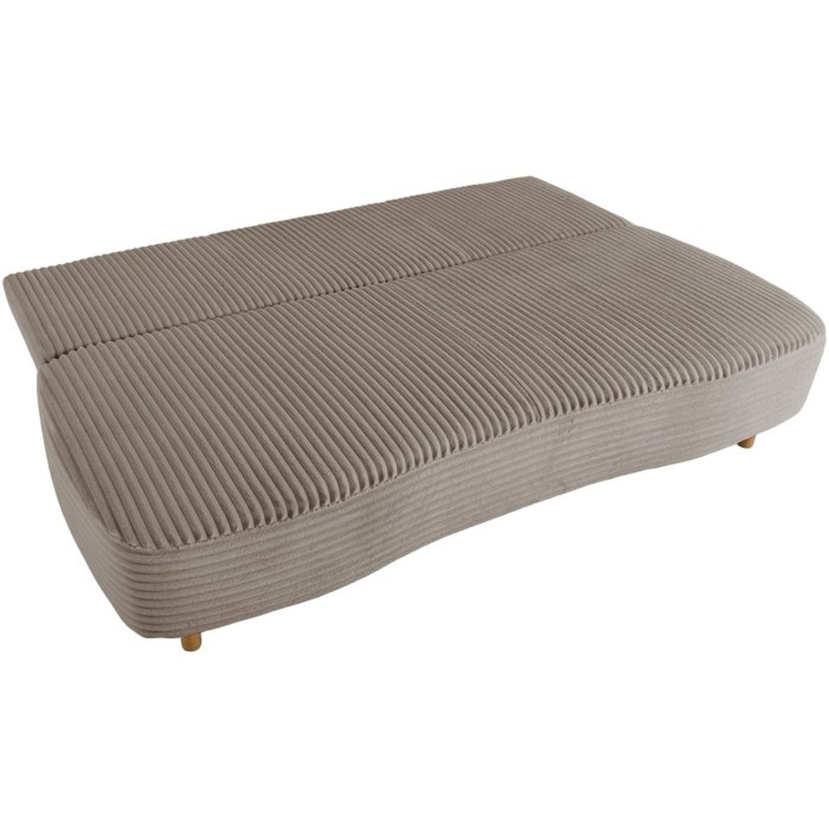 Ein graues Cordsofa in flacher Bettposition mit Holzfüßen auf weißem Hintergrund.