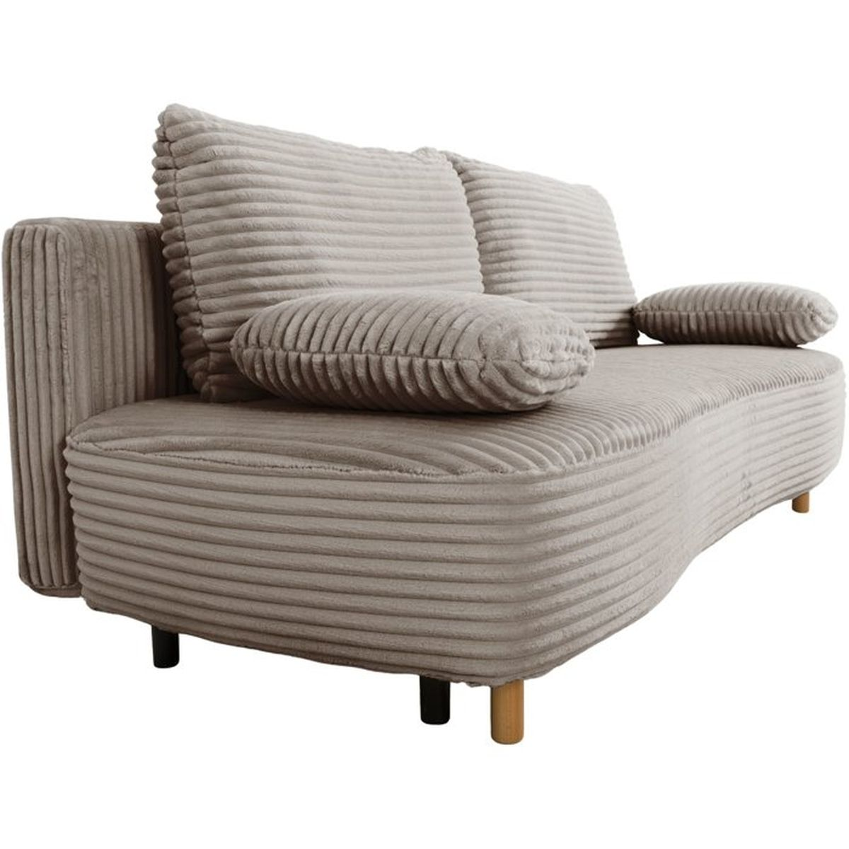 Ein beige Cordsofa mit geschwungenen Kissen und kurzen Holzbeinen vor weißem Hintergrund.