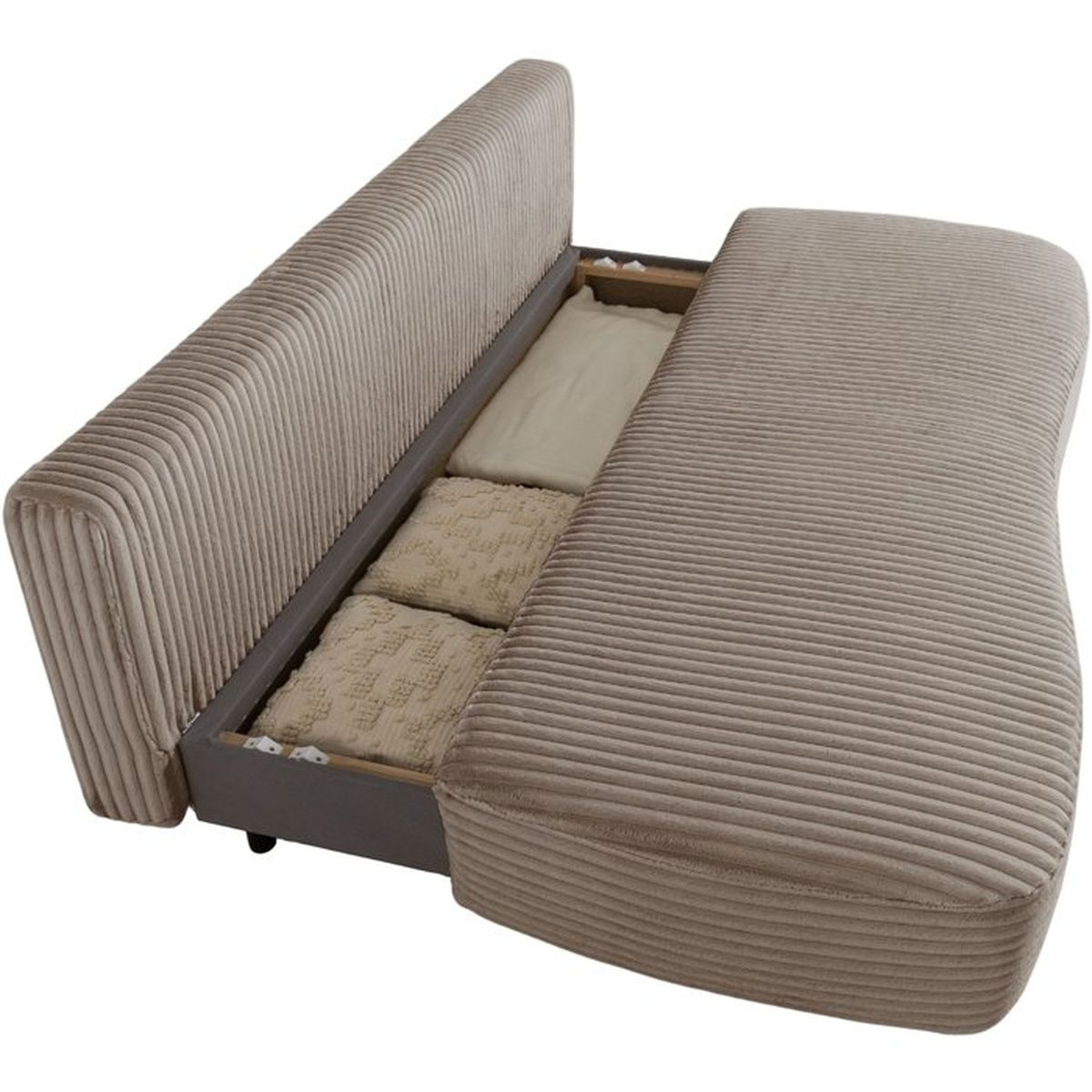 Beigefarbene Cord-Couch mit offenem Staufach und Kissen im Inneren auf weißem Hintergrund.
