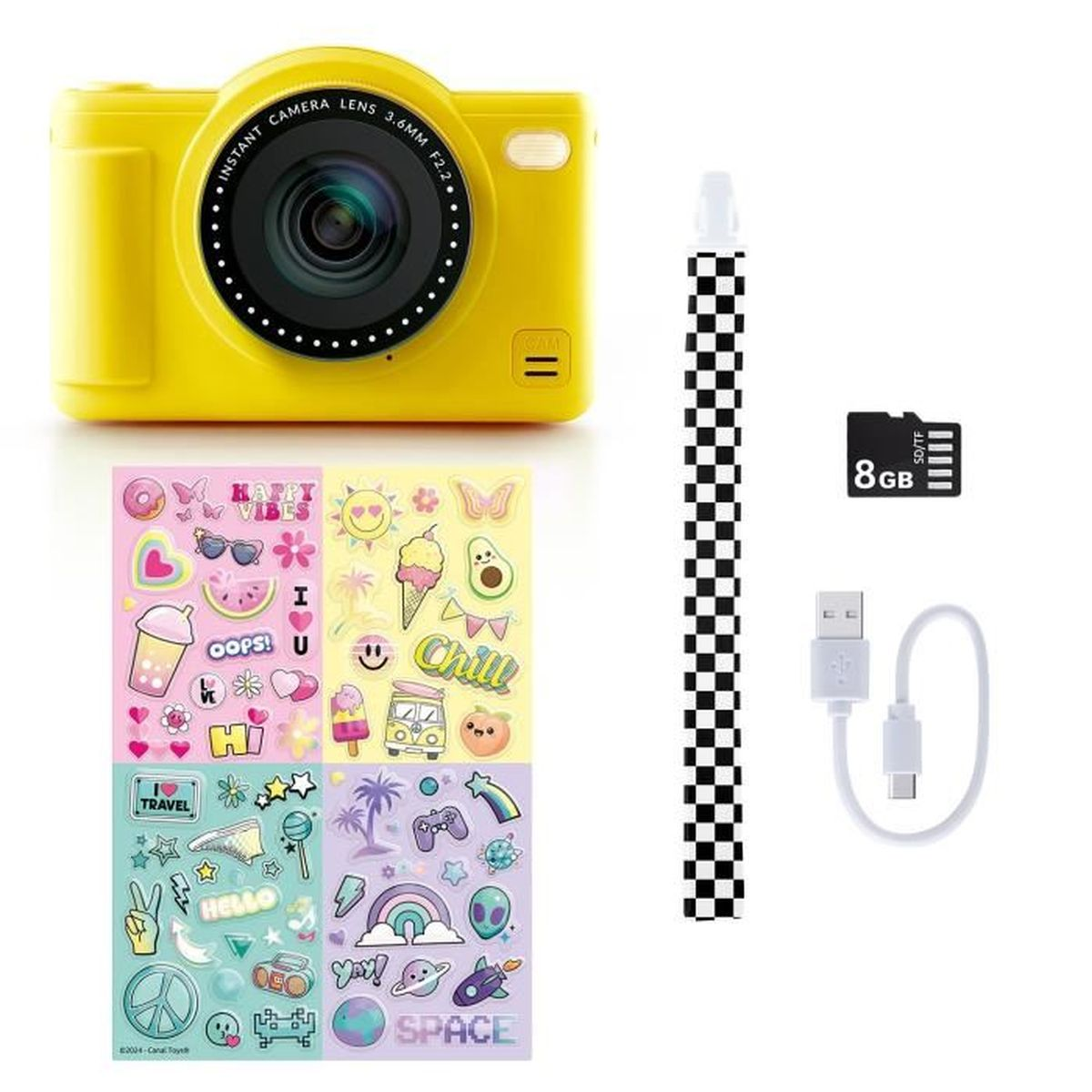 Gelbe Sofortbildkamera mit bunten Aufklebern, Stift, 8GB SD-Karte und USB-Kabel auf weißem Hintergrund.