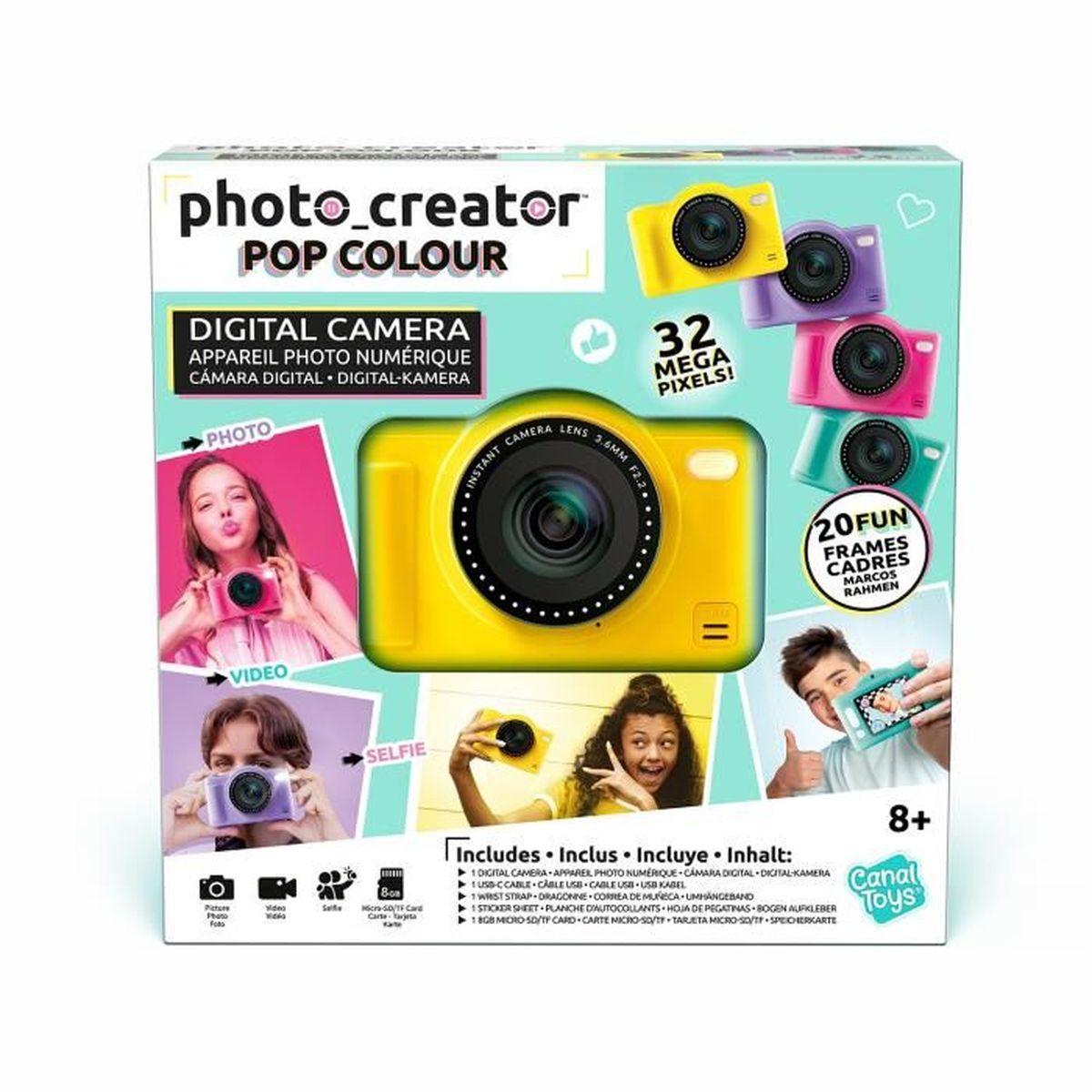 Verpackung der Photo Creator Pop Colour Kinderdigitalkamera mit bunten Beispielbildern.