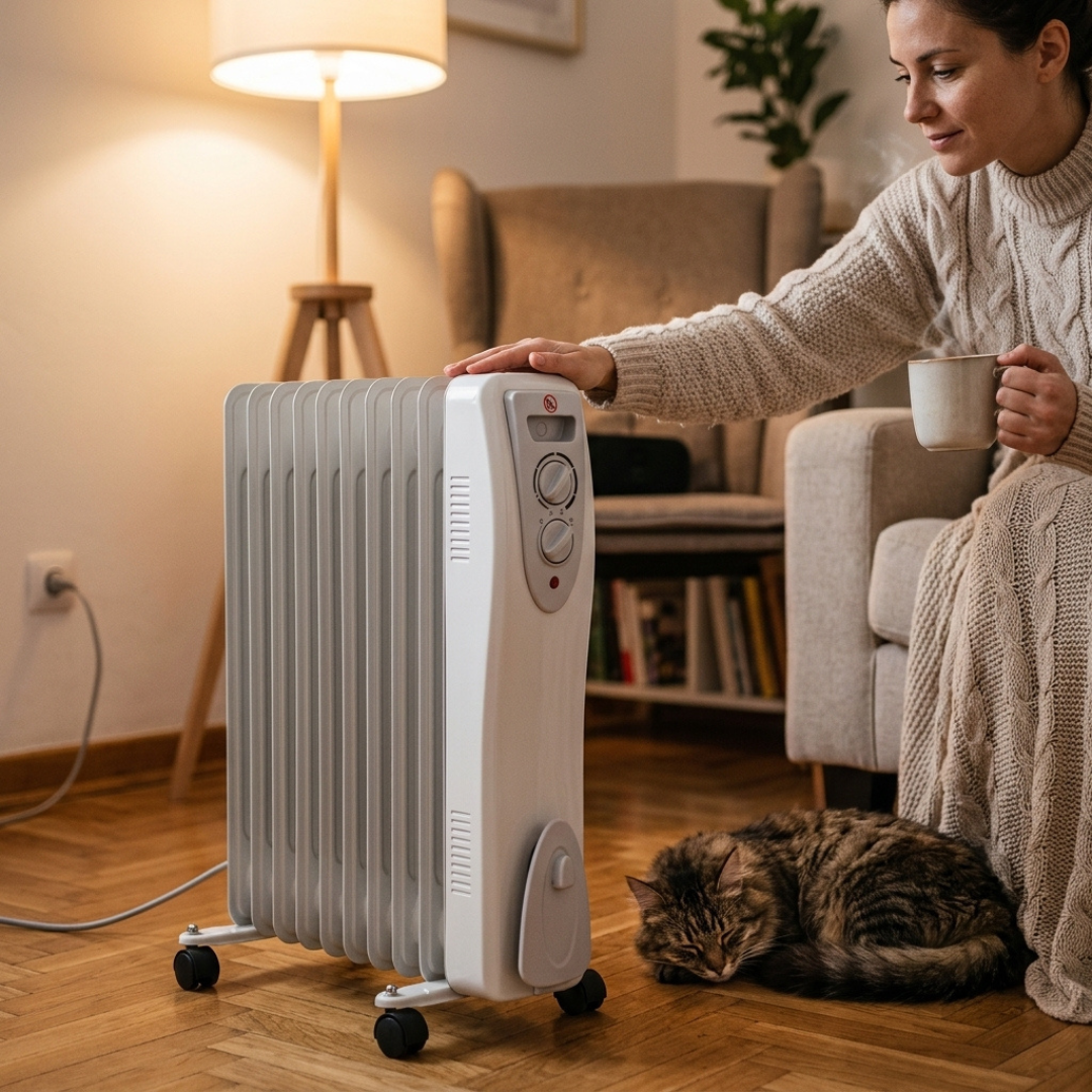 Eine Frau hält eine Tasse und wärmt ihre Hand an einem Radiator, während eine Katze auf dem Holzboden schläft.