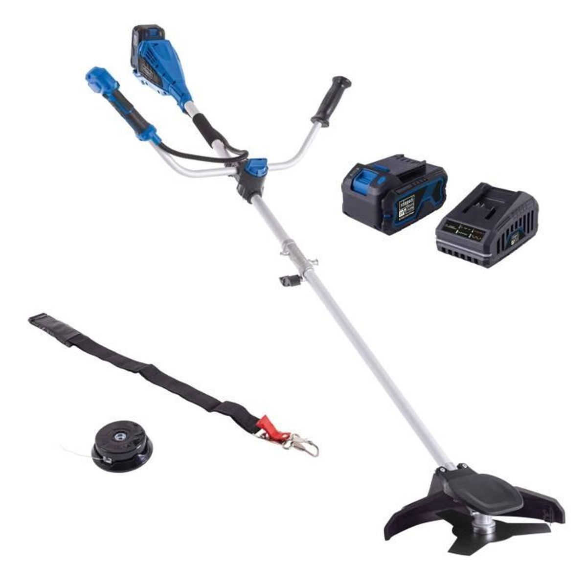 Akku-Motorsense mit einem Griff, Batterie, Ladegerät, Tragegurt, Schneidkopf und einem dreiflügeligen Messer.