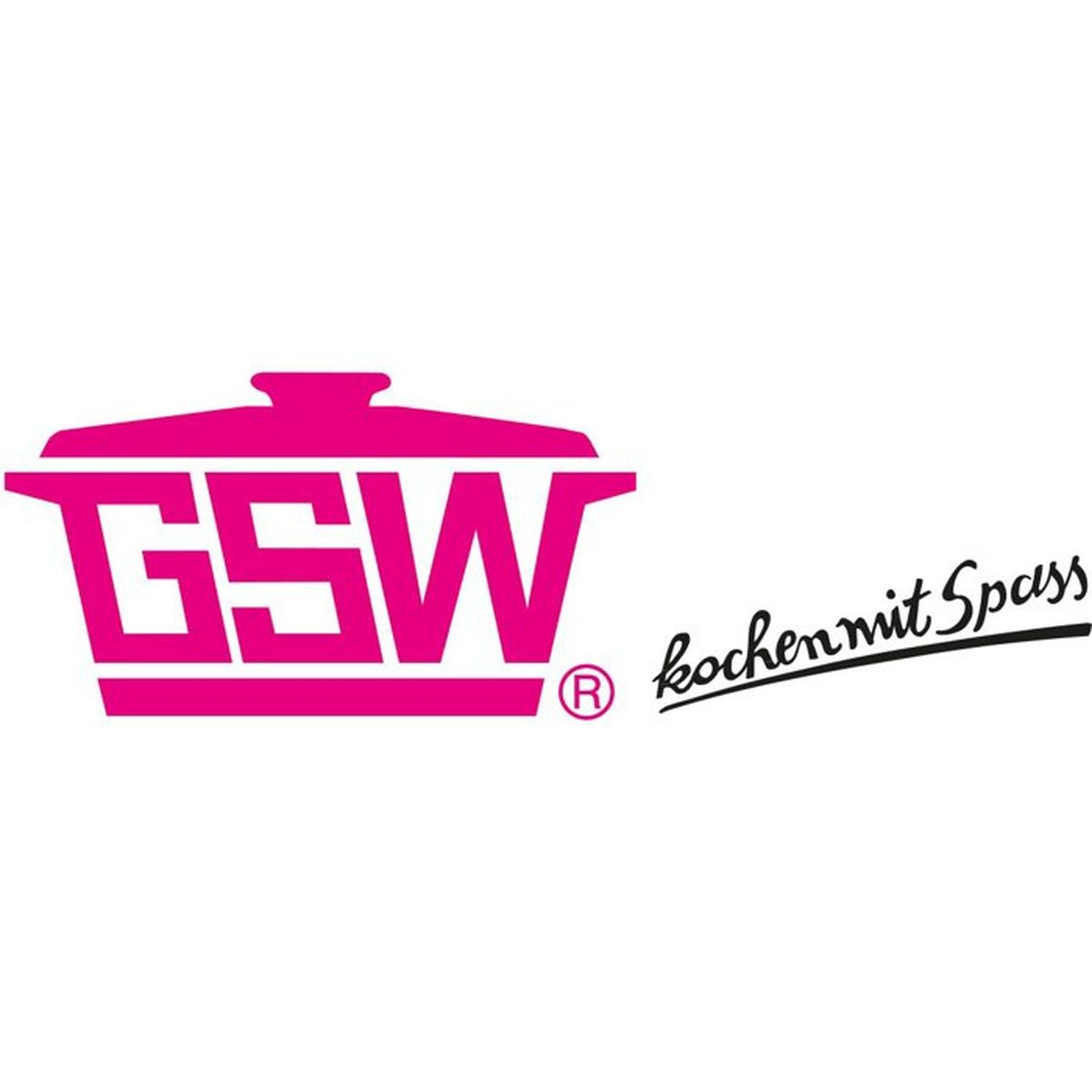 Pinkfarbenes GSW-Logo in Topfform mit dem Schriftzug Kochen mit Spass.