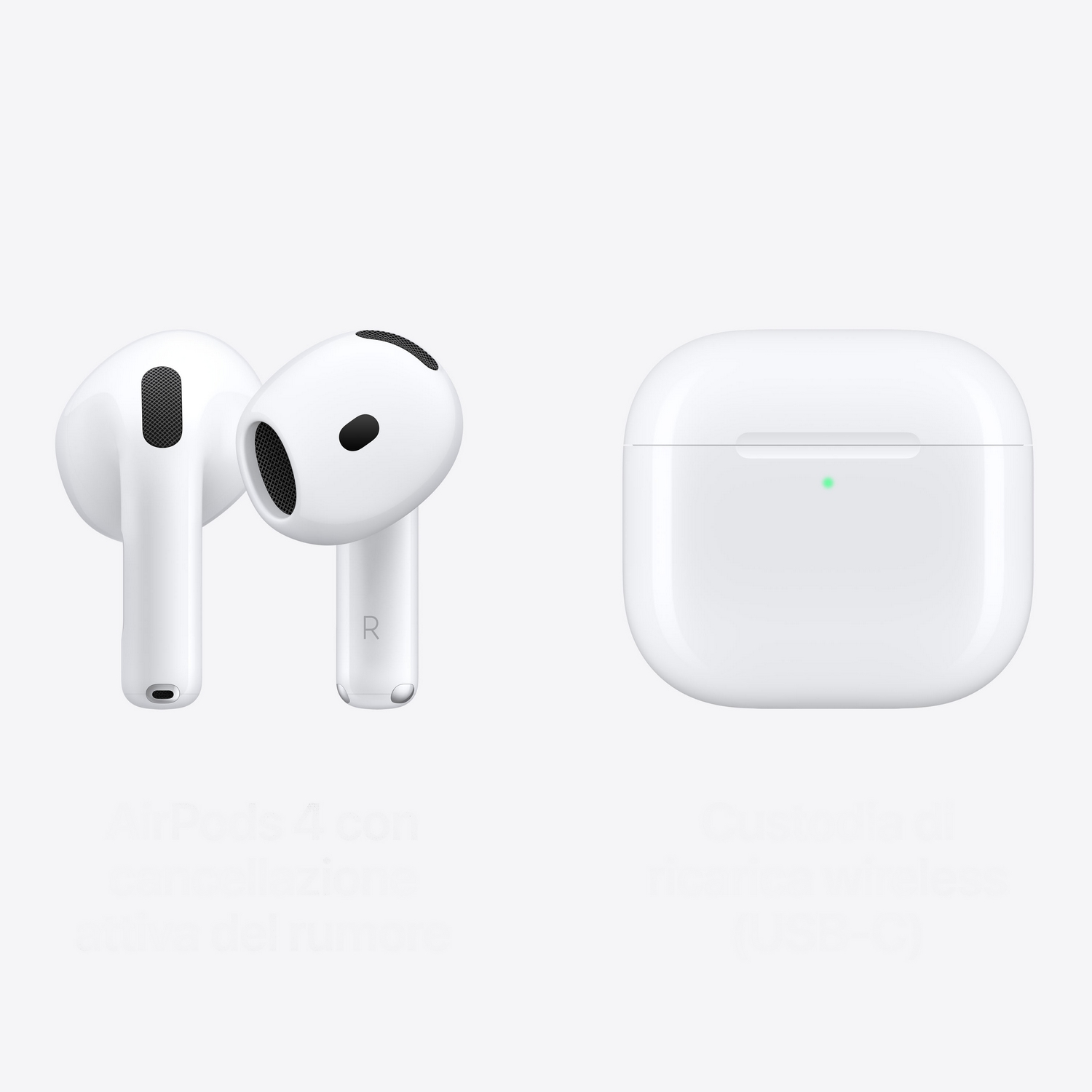 Due AirPods bianchi con stelo e una custodia di ricarica chiusa con luce LED verde su sfondo grigio.