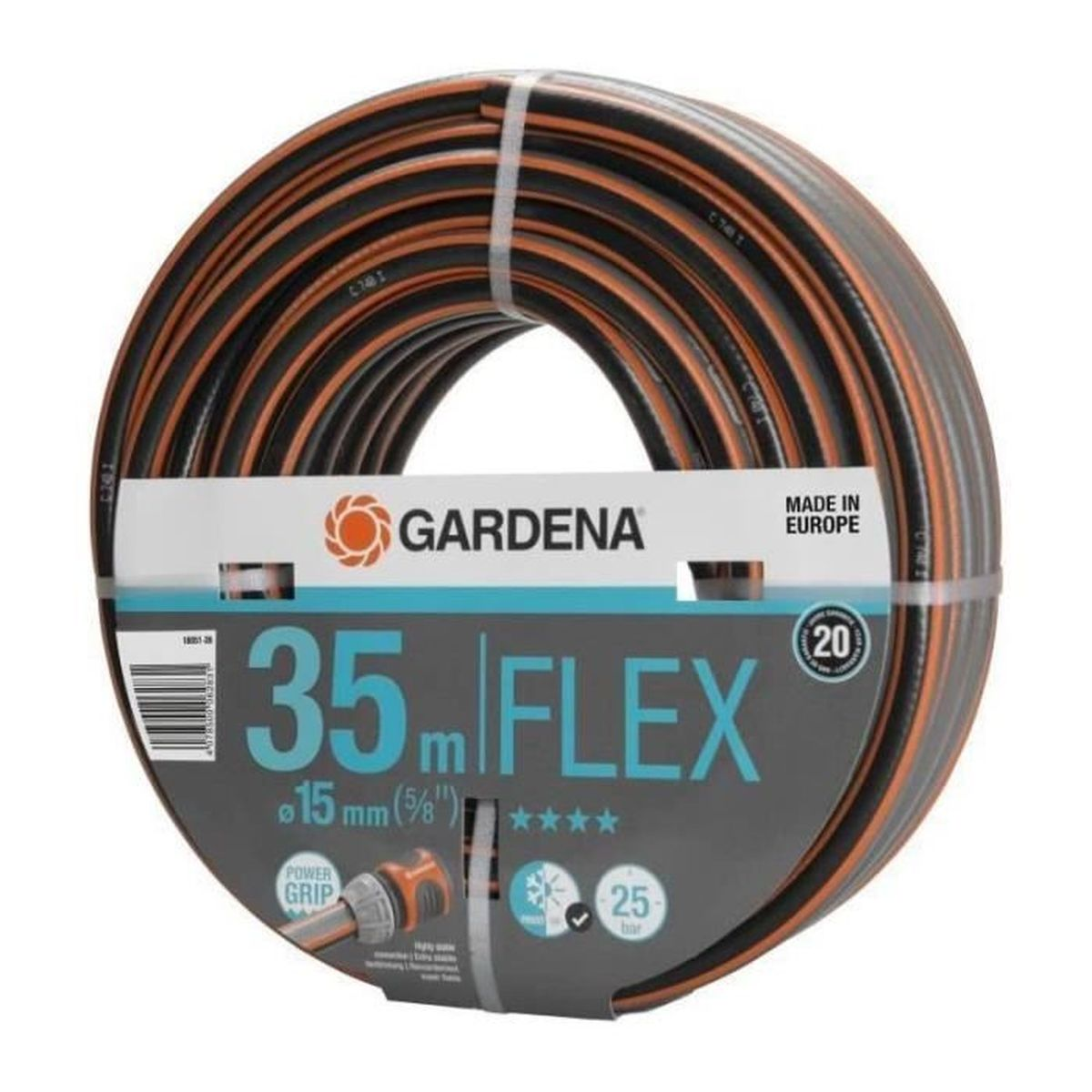 Eine Gardena 35m Flex Gartenschlauch-Rolle, 15mm Durchmesser, mit grauer und blauer Verpackungsbinde auf weissem Grund.