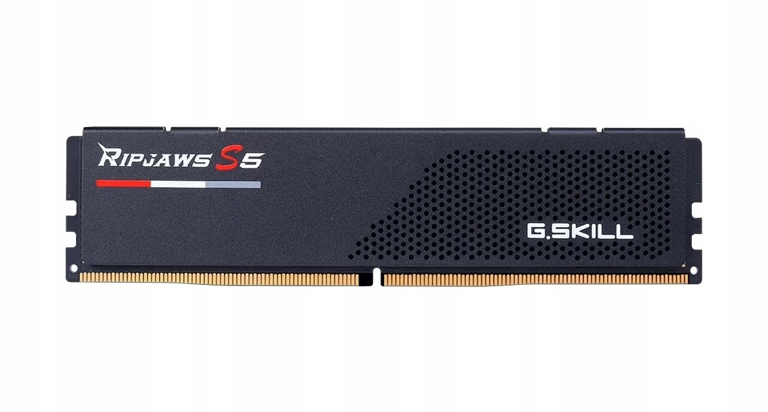 Schwarzer G.SKILL Ripjaws S5 DDR5 RAM-Stick mit goldenen Pins und perforiertem Muster vor weißem Hintergrund.