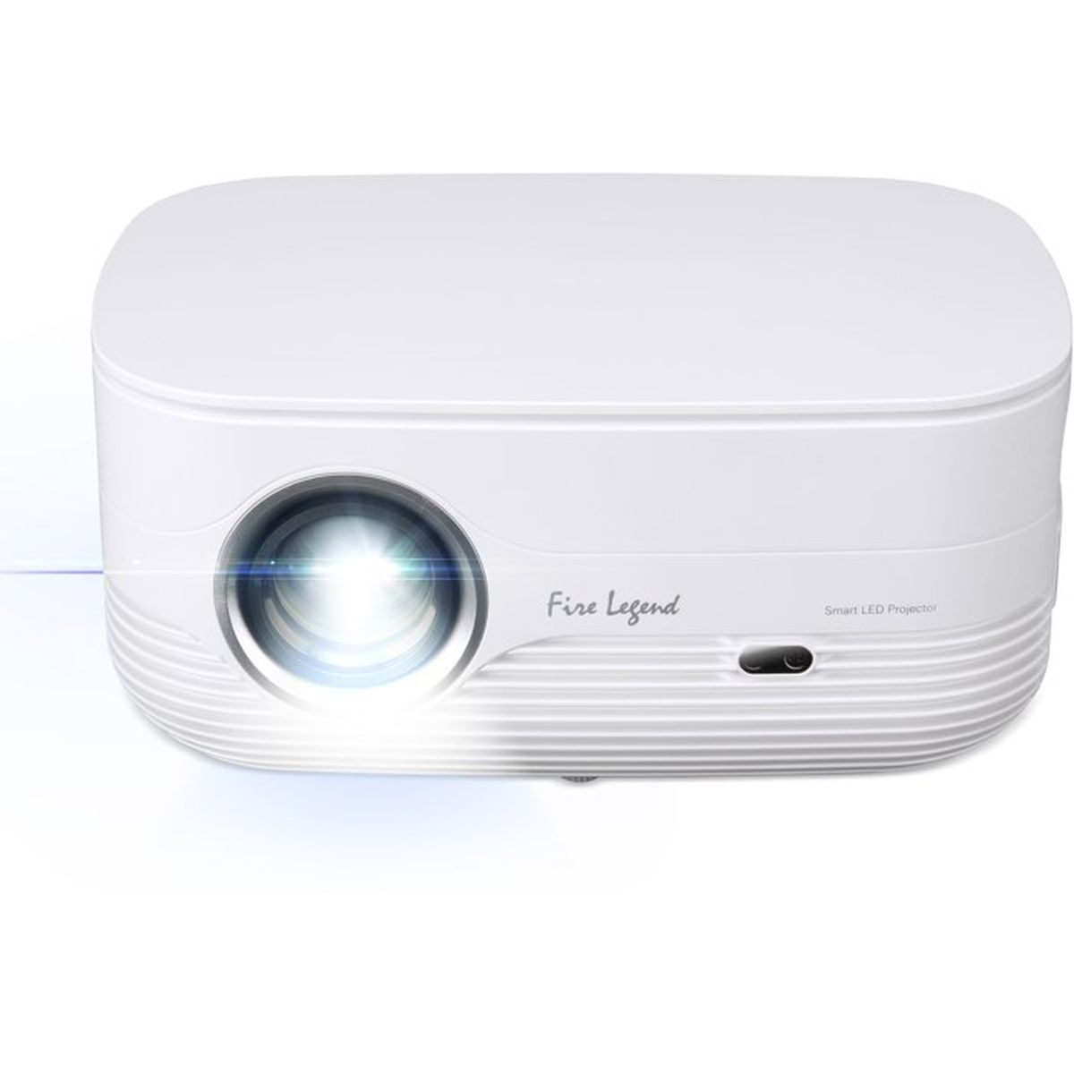 Ein weißer Fire Legend Smart LED Projektor steht auf weißem Hintergrund mit leuchtender Linse.