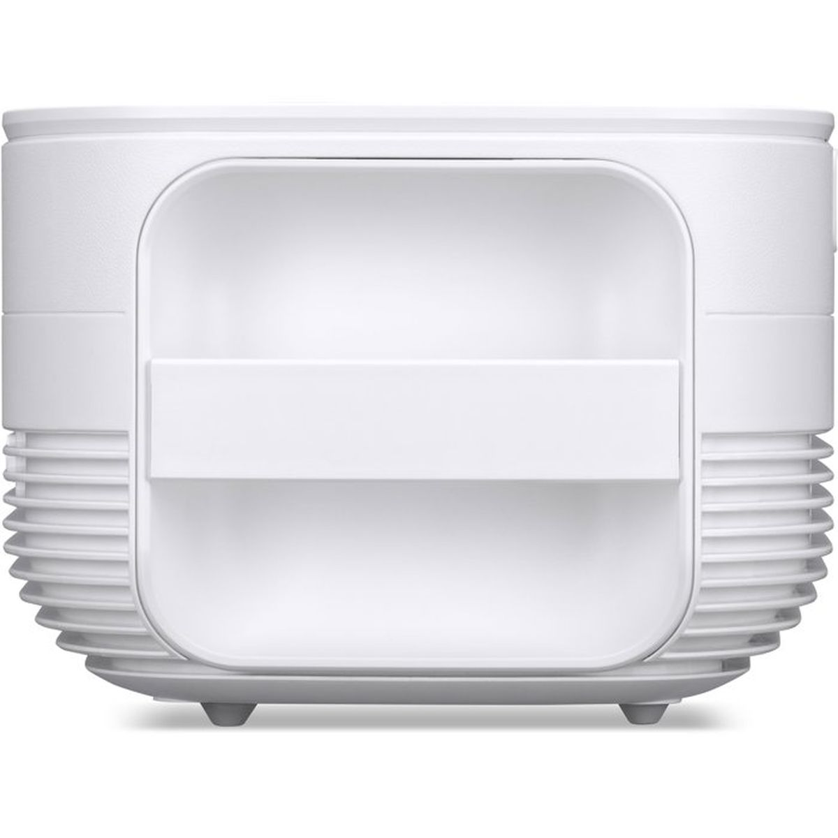Ein weißes, modernes Luftreinigungsgerät mit horizontalen Lamellen und zentralem Griff auf neutralem Hintergrund.