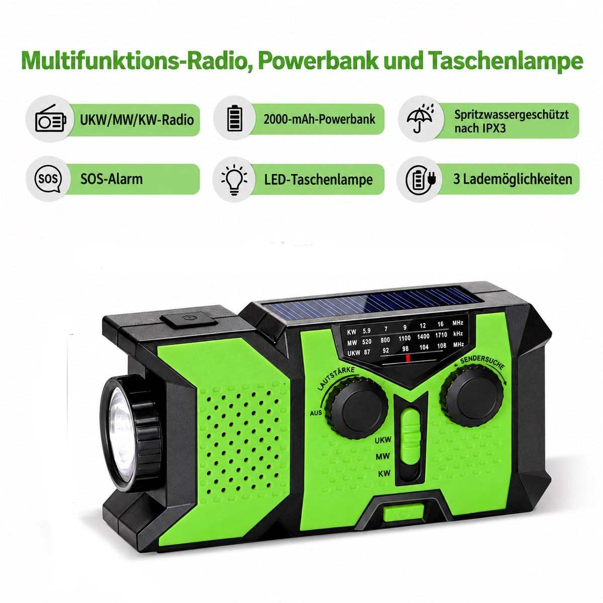Multifunktionsradio in Schwarz und Grün mit Solarpanel, LED-Taschenlampe und Powerbank.