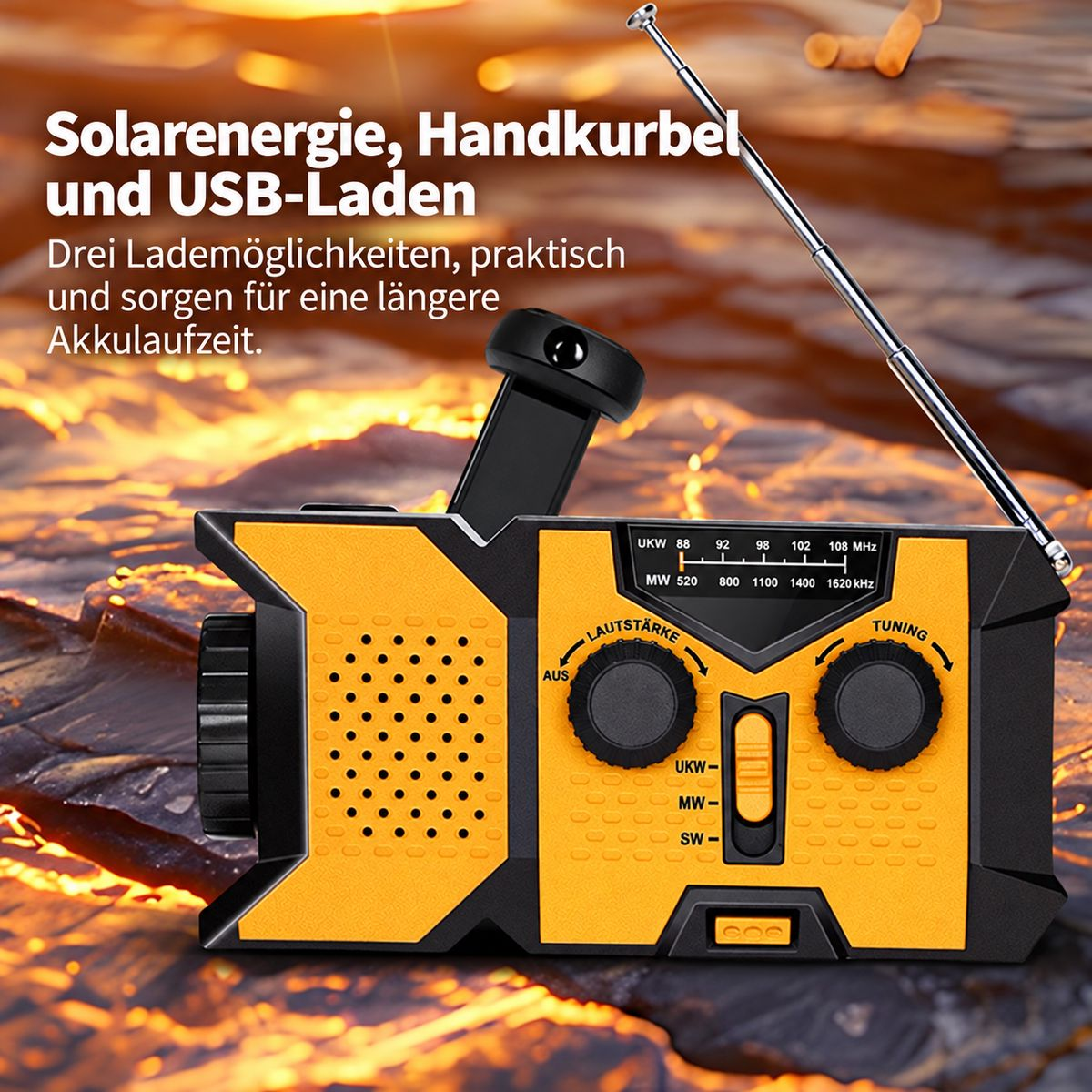 Notfall-Radio in Schwarz und Gelb mit Solarenergie, Handkurbel und USB-Laden.