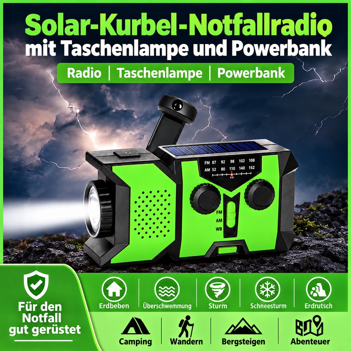 Grünes Solar-Notfallradio mit Taschenlampe und Kurbel vor Gewitterhintergrund.