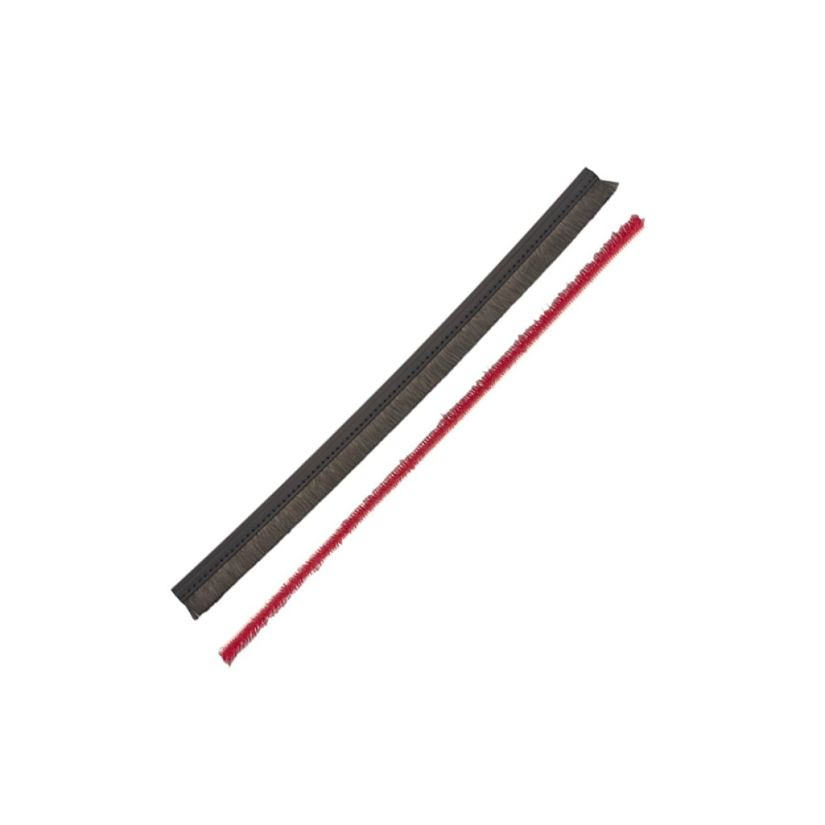 Zwei lange Bürstenstreifen, einer schwarz und einer rot, diagonal auf weißem Hintergrund angeordnet.