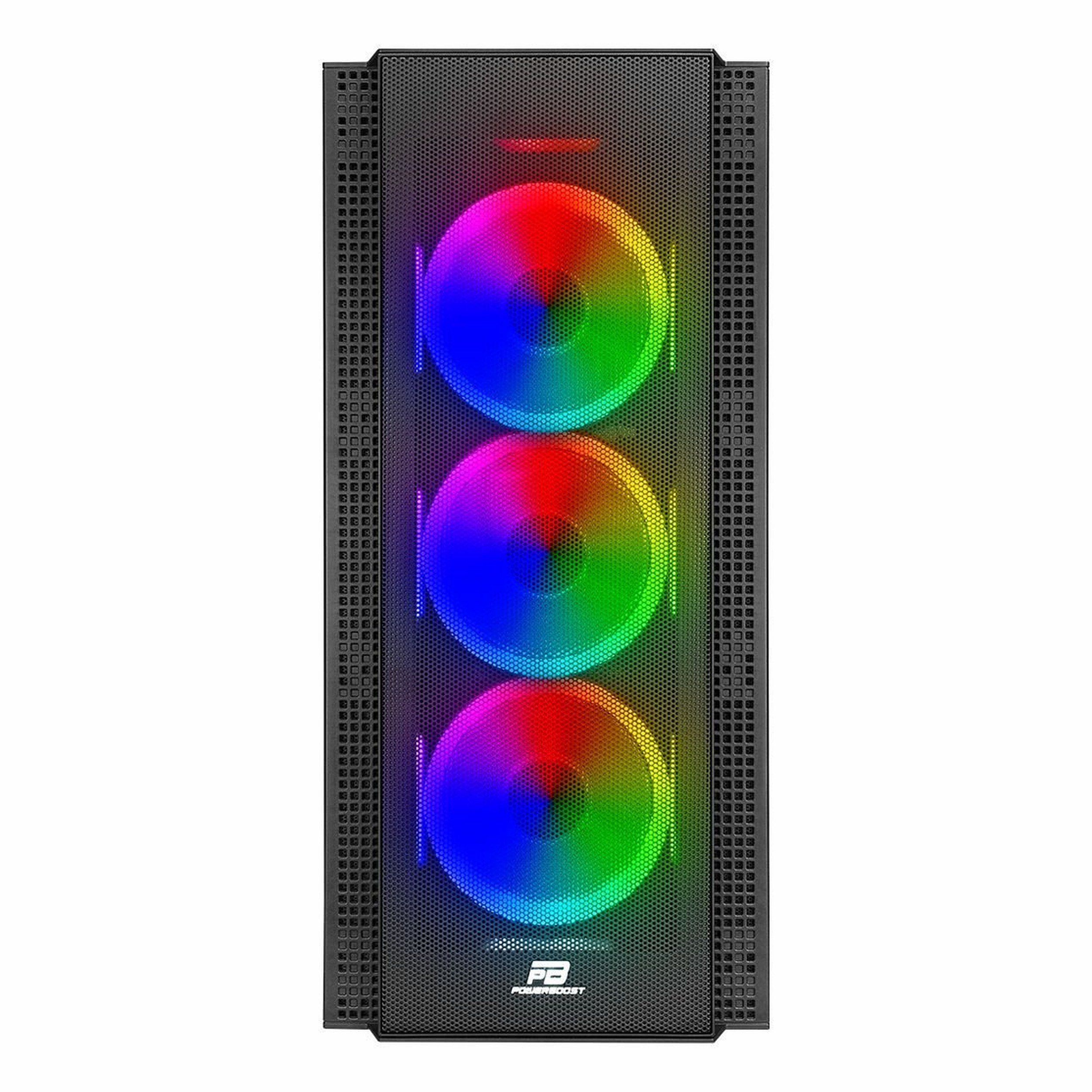 Ön panelinde ızgara bulunan ve dikey olarak hizalanmış üç RGB fanlı siyah bilgisayar kasası.