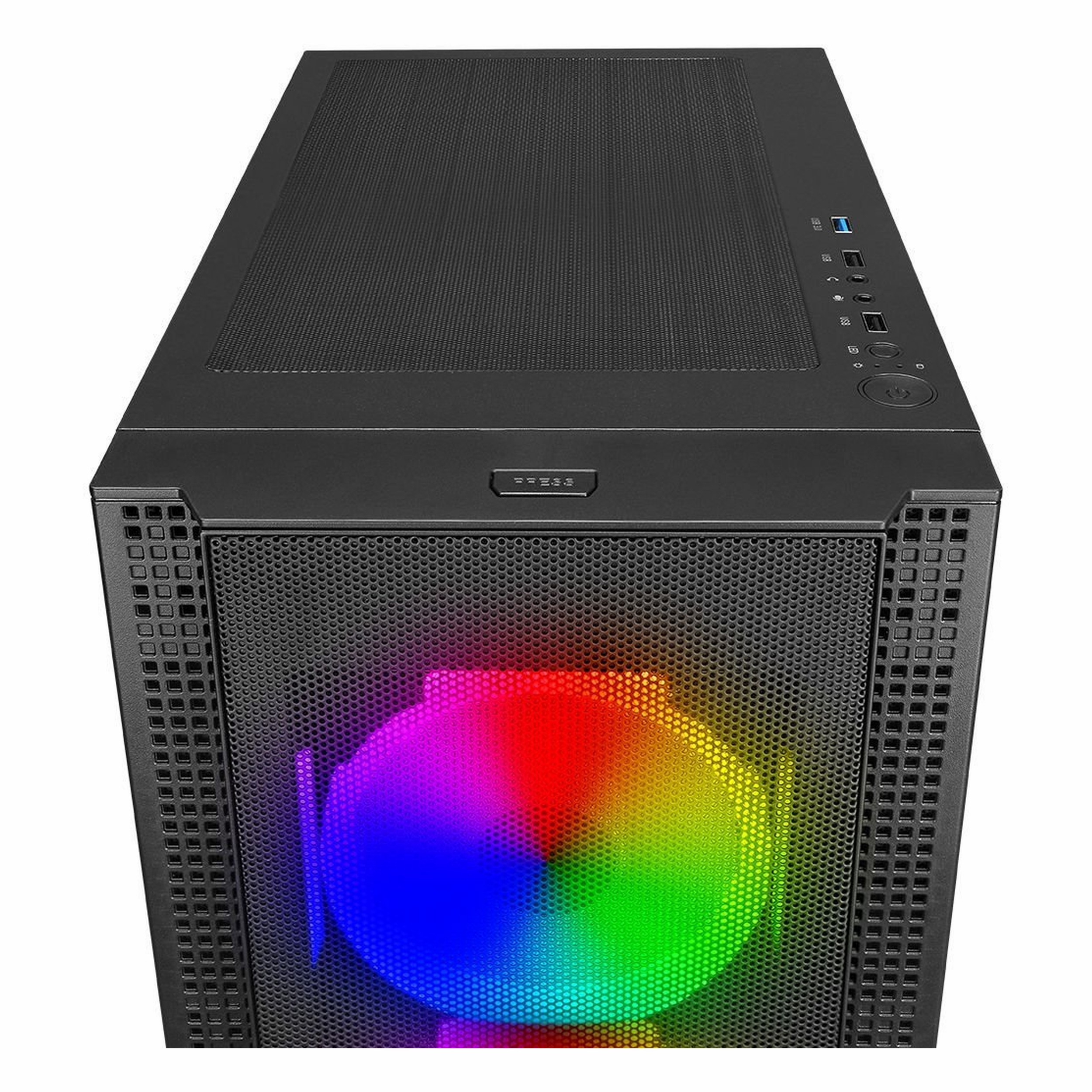 Ön tarafta aydınlatmalı bir RGB fana sahip siyah bilgisayar kasasının üstten görünümü.