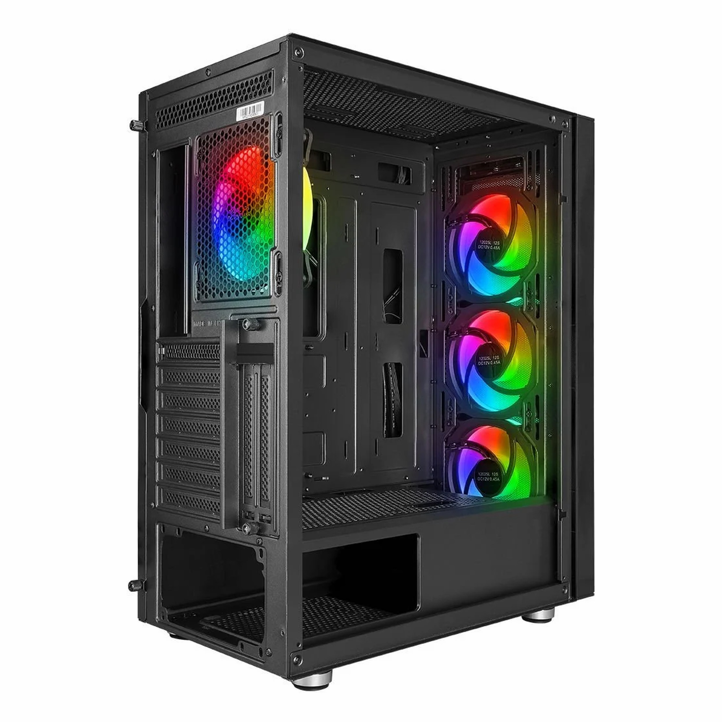 Dört renkli RGB fanlı ve açık yan yüzlü siyah bir bilgisayar kasası.
