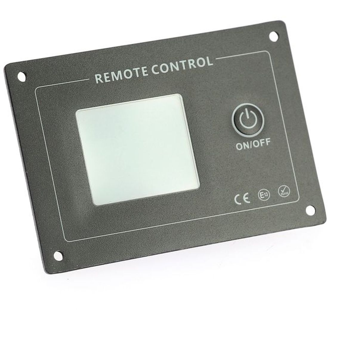 Schwarzes Remote-Control-Bedienfeld mit quadratischem Bildschirm und Ein-Aus-Taste auf weißem Hintergrund.