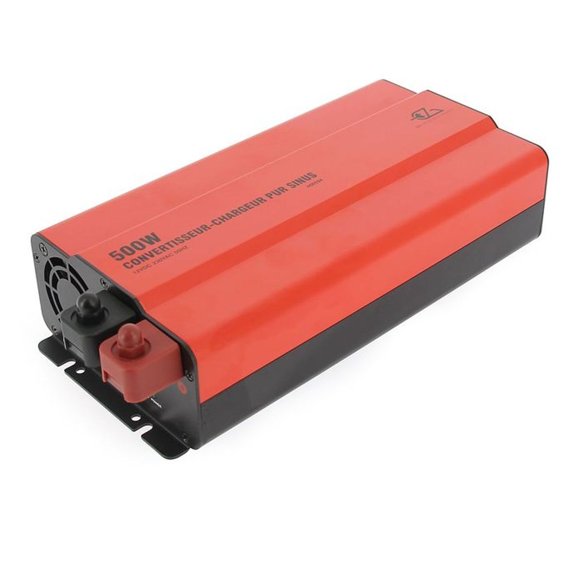 Ein rot-schwarzer 500W Wechselrichter-Ladegerät mit sichtbaren Anschlüssen auf weißem Hintergrund.
