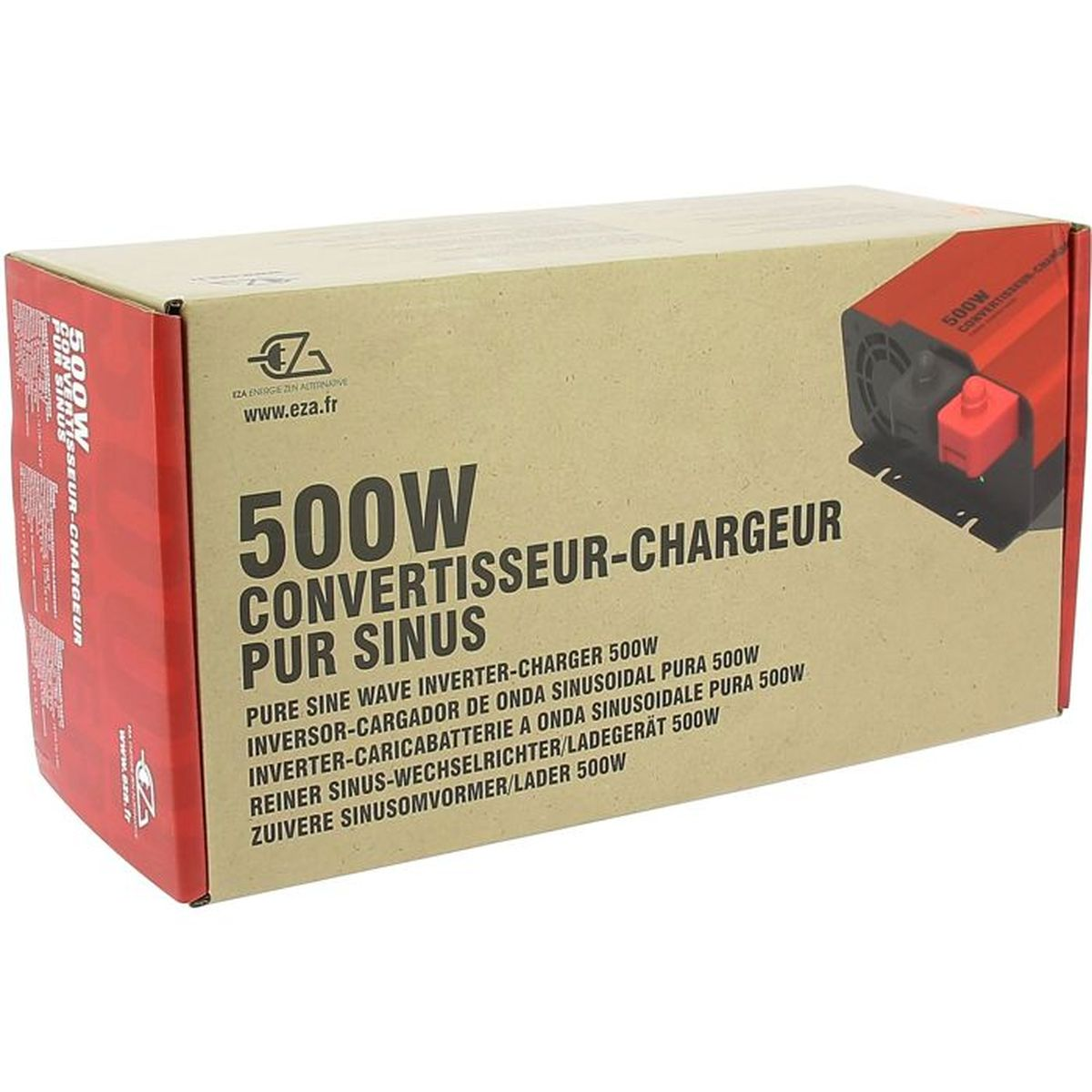 Eine pappfarbene Box mit rotem Akzent zeigt die Aufschrift 500W CONVERTISSEUR-CHARGEUR PUR SINUS und ein Bild des Geräts.