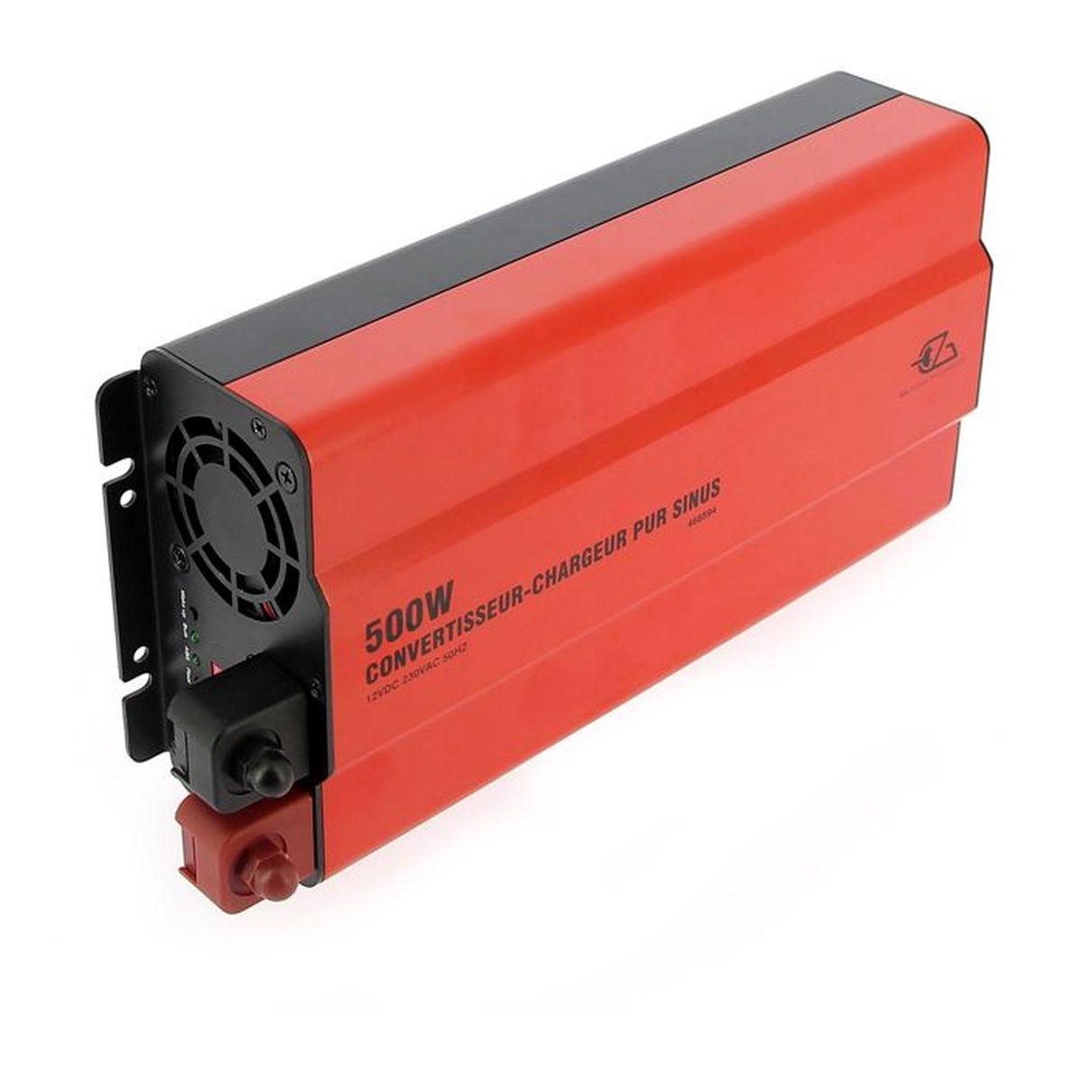 Roter und schwarzer 500W Inverter-Ladegerät auf weißem Hintergrund.