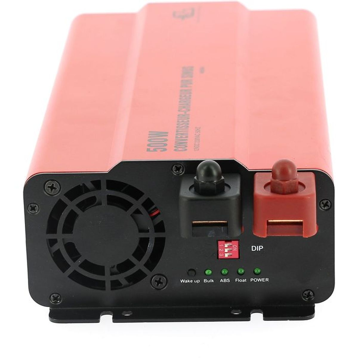 Ein roter 500W Inverter mit Lüfter und roten sowie schwarzen Anschlüssen auf weißem Hintergrund.
