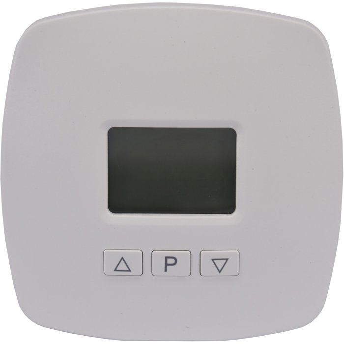 Ein weißes quadratisches Thermostat mit einem kleinen Display und drei Tasten unten.