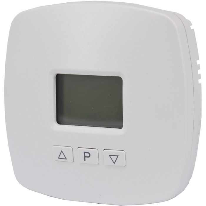 Ein weißer, quadratischer Thermostat mit einem Display und drei Tasten unten.