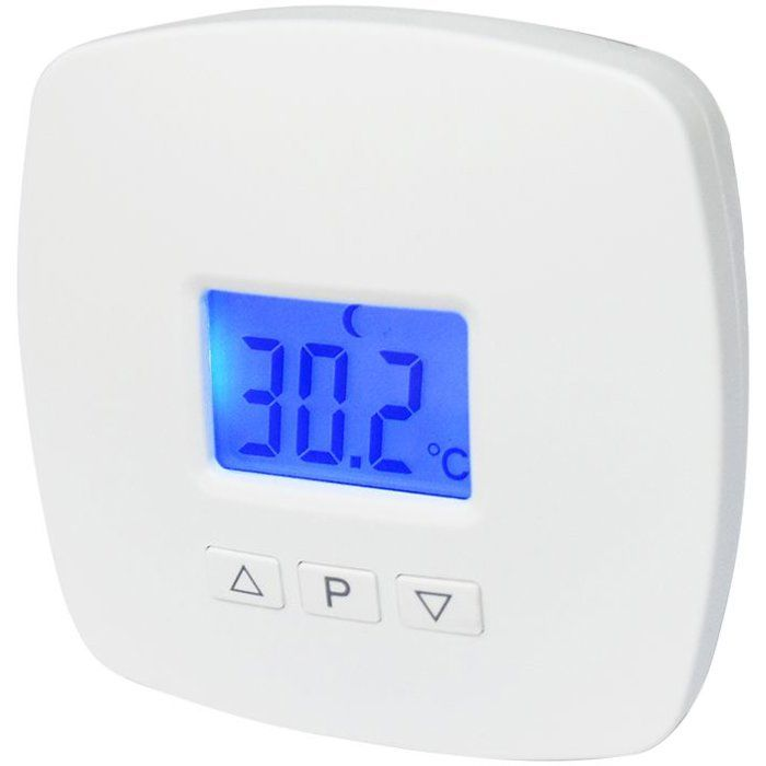 Ein weißer digitaler Thermostat mit blauem Display zeigt 30,2 Grad Celsius und drei Knöpfe unten.