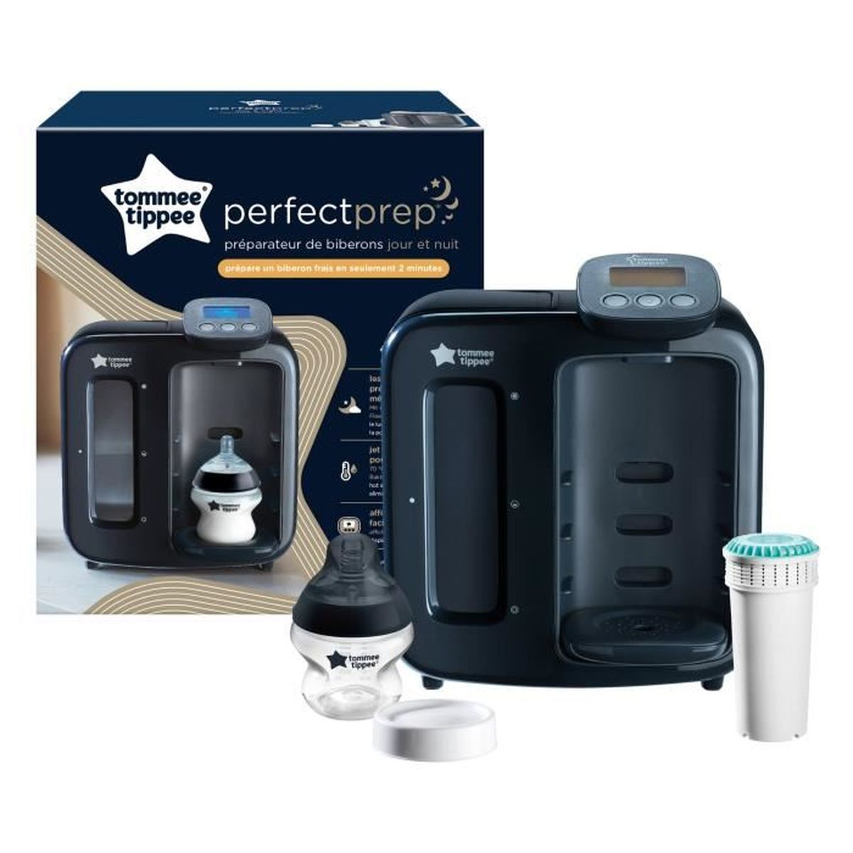 Tommee Tippee Perfect Prep Flaschenzubereiter in Schwarz mit Flasche, Filter und Verpackungskarton.