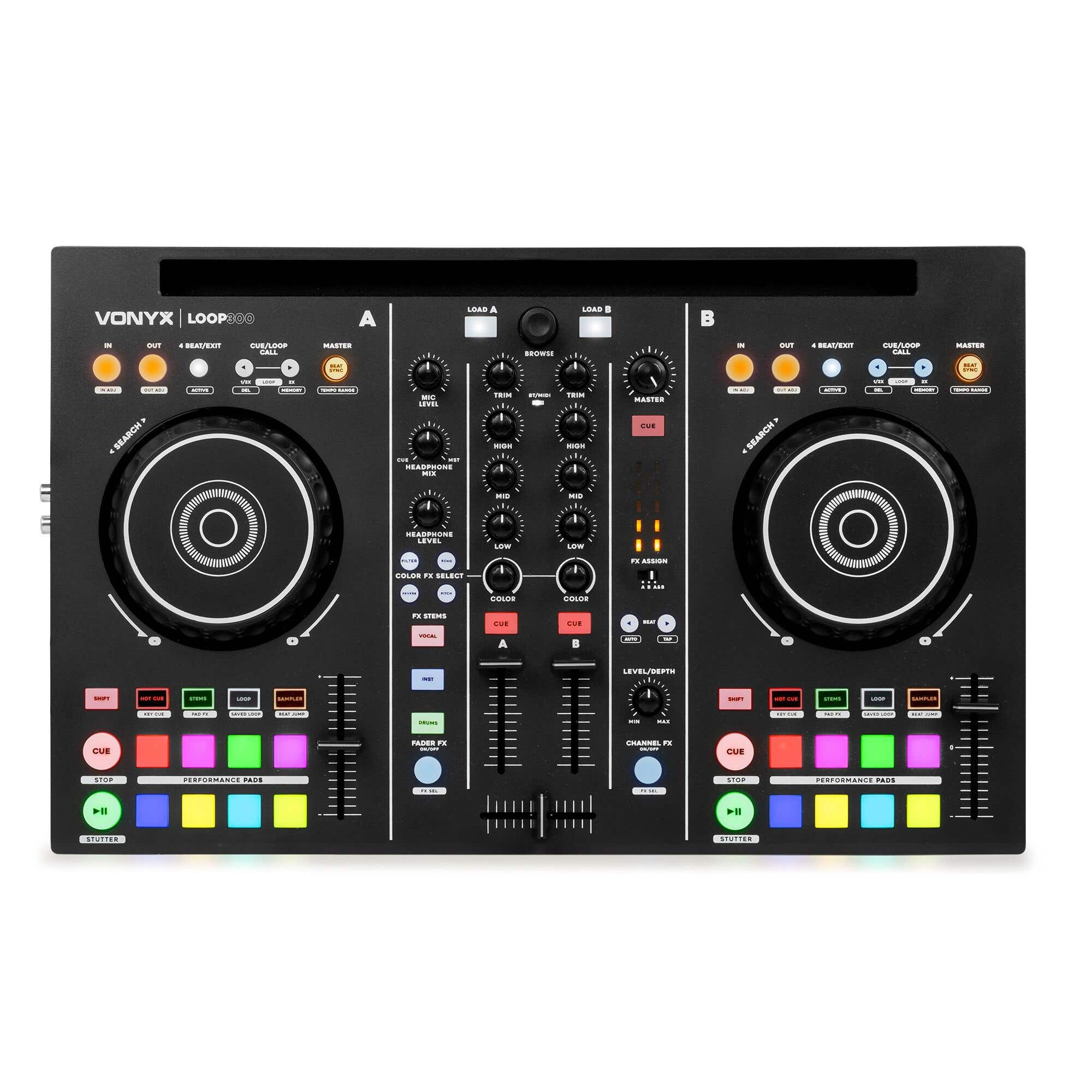 Ein schwarzer Vonyx Loop300 DJ-Controller mit zwei Jogwheels, Mixer-Regnern und bunten Performance-Pads.