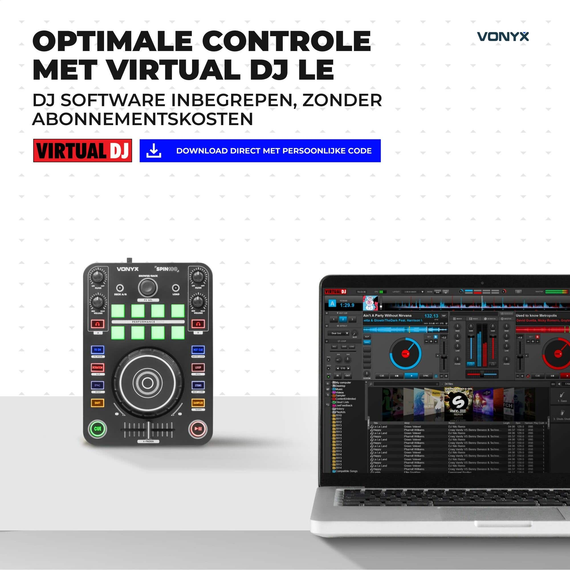 Ein schwarzer Vonyx DJ-Controller und ein Laptop mit Virtual DJ-Software, gezeigt mit Werbetext.