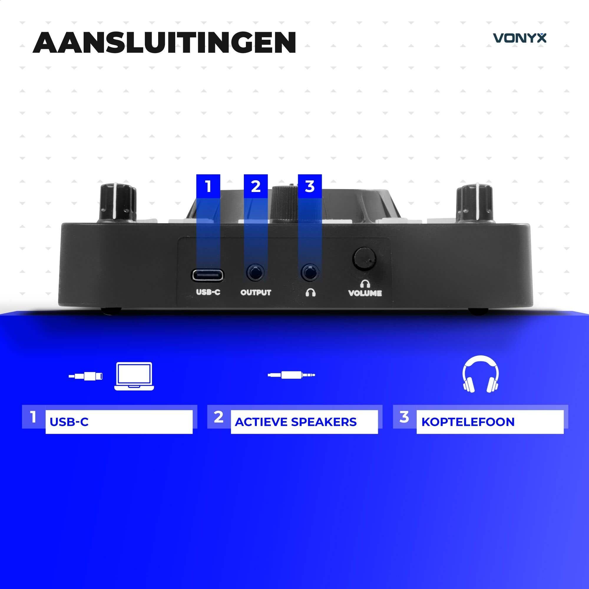 Rückseite eines Vonyx-Audiogeräts mit USB-C, Ausgängen und Kopfhöreranschluss.