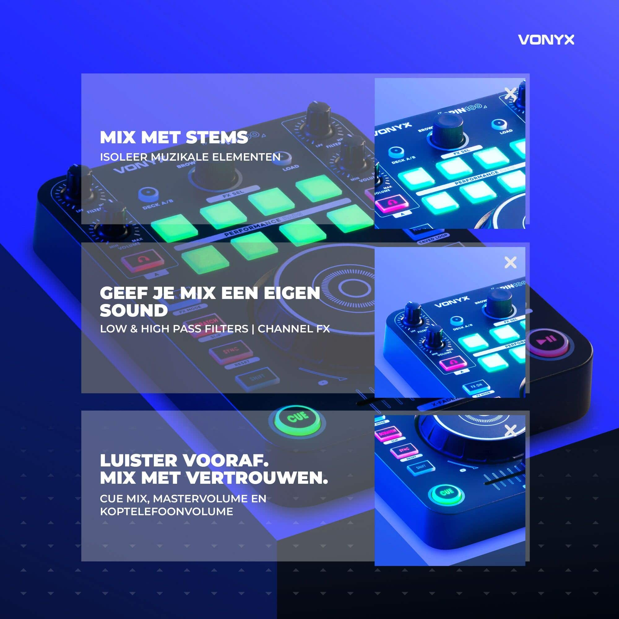 Vonyx DJ-Controller mit leuchtenden Pads und Reglern vor blauem Hintergrund, mit niederländischem Werbetext.