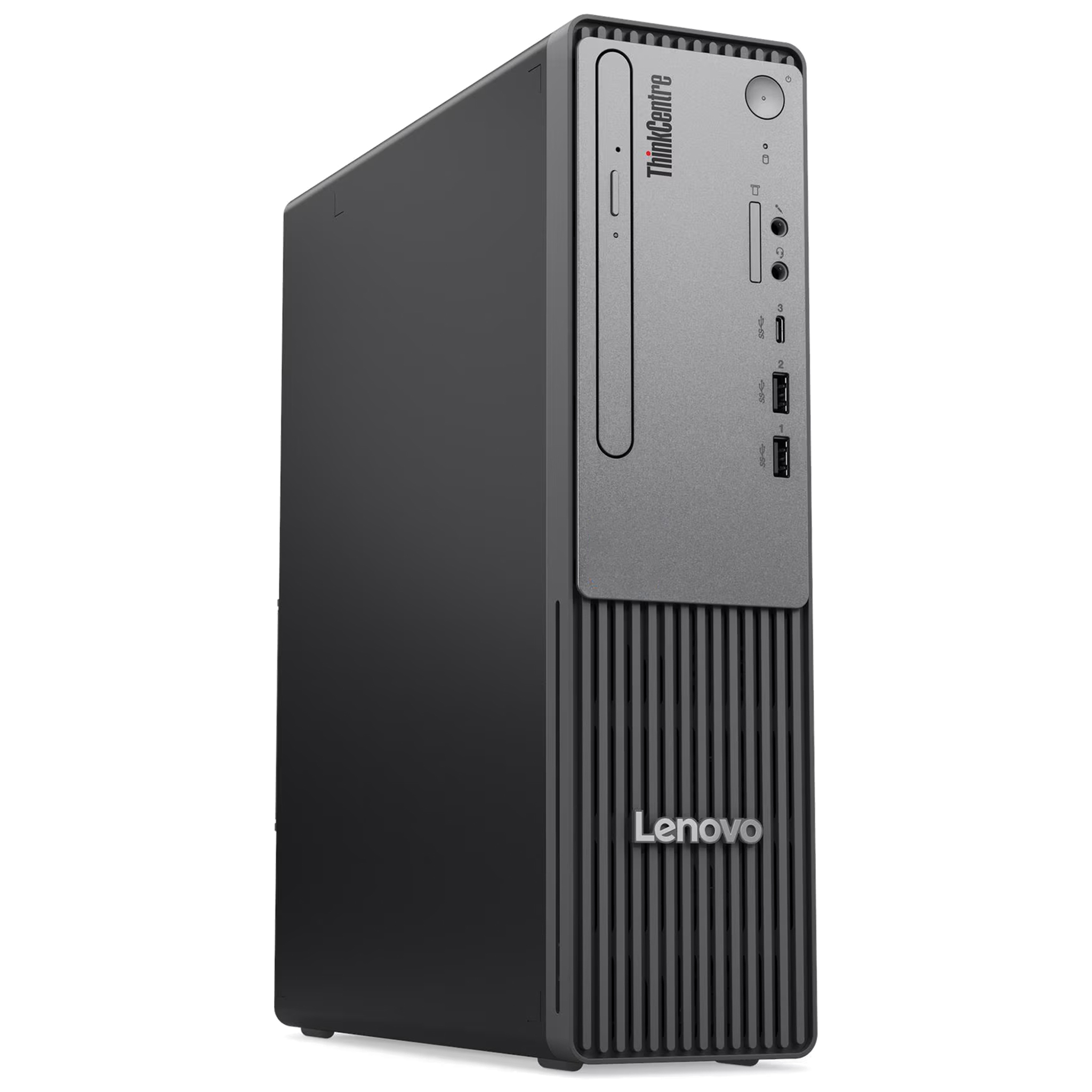 Beyaz arka planda dikey tasarıma sahip siyah bir Lenovo ThinkCentre masaüstü bilgisayar.